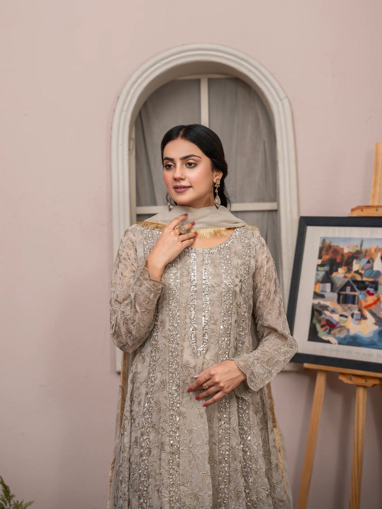Manahil Arts Chiffon Embellished Stitched 3-Piece Suit-K-169-Camel Brown