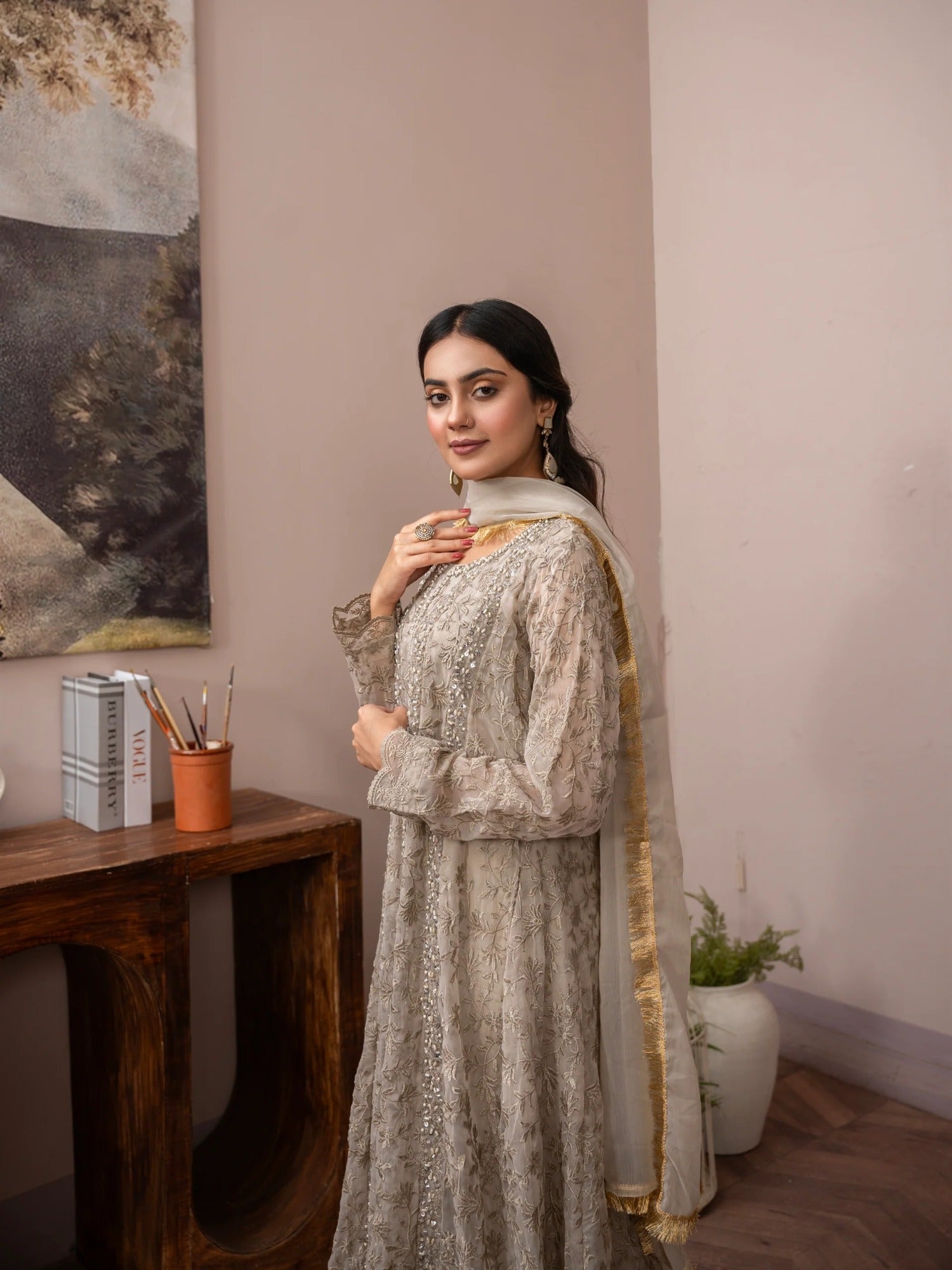 Manahil Arts Chiffon Embellished Stitched 3-Piece Suit-K-169-Camel Brown