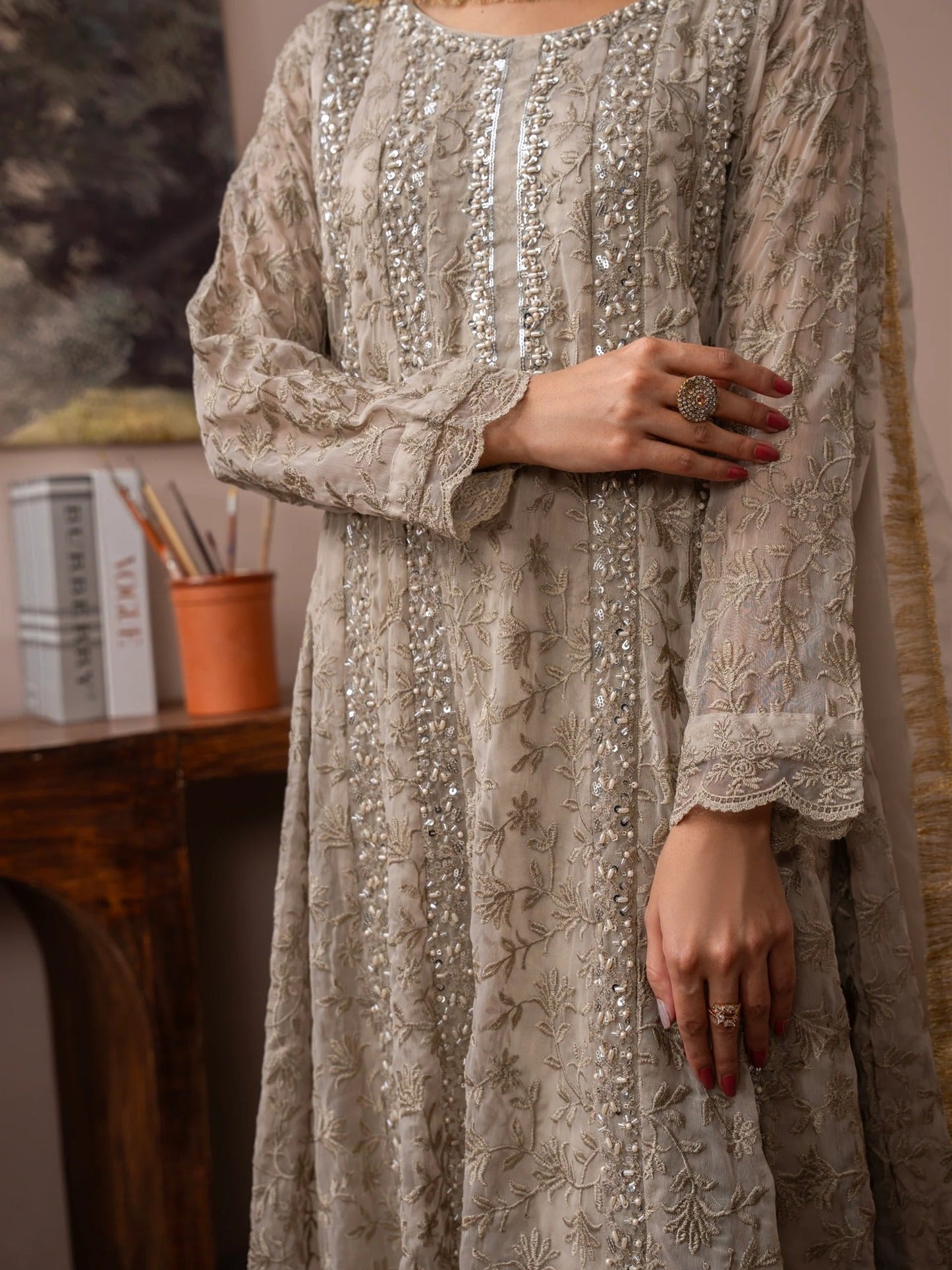Manahil Arts Chiffon Embellished Stitched 3-Piece Suit-K-169-Camel Brown