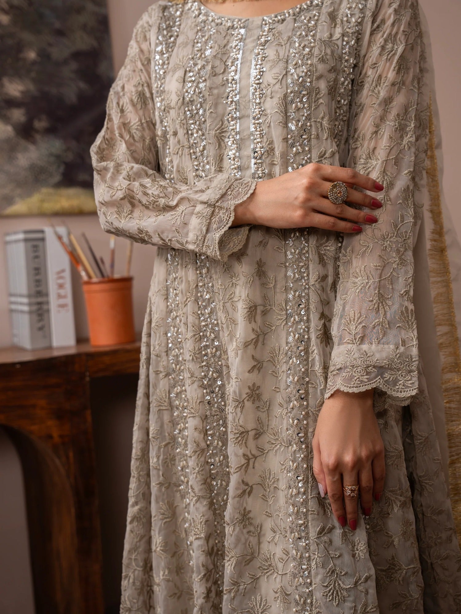 Manahil Arts Chiffon Embellished Stitched 3-Piece Suit-K-169-Camel Brown