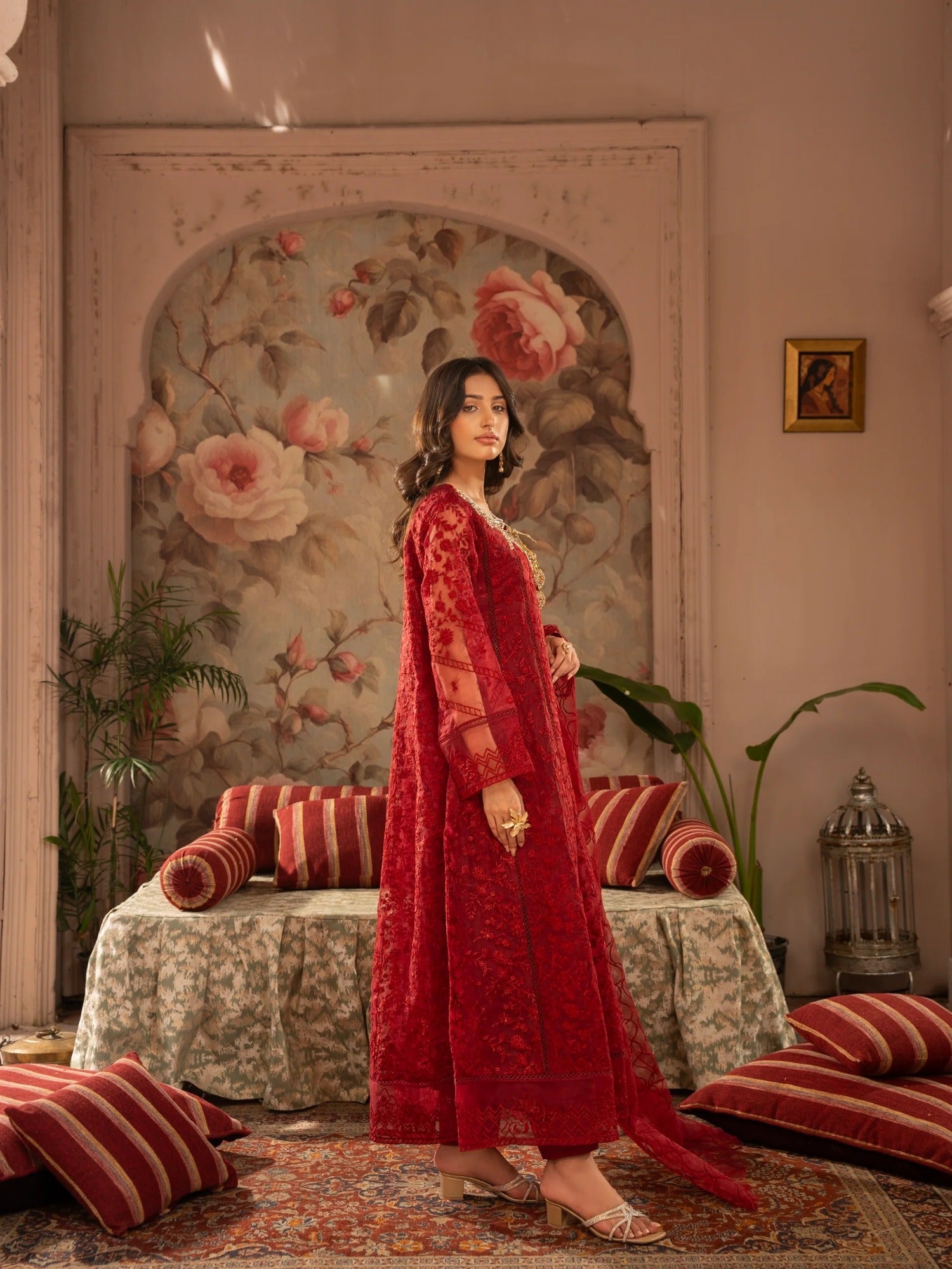 Maroon Manahil Arts Organza Embellished Stitched 3-Piece Suit-K-171-Maroon