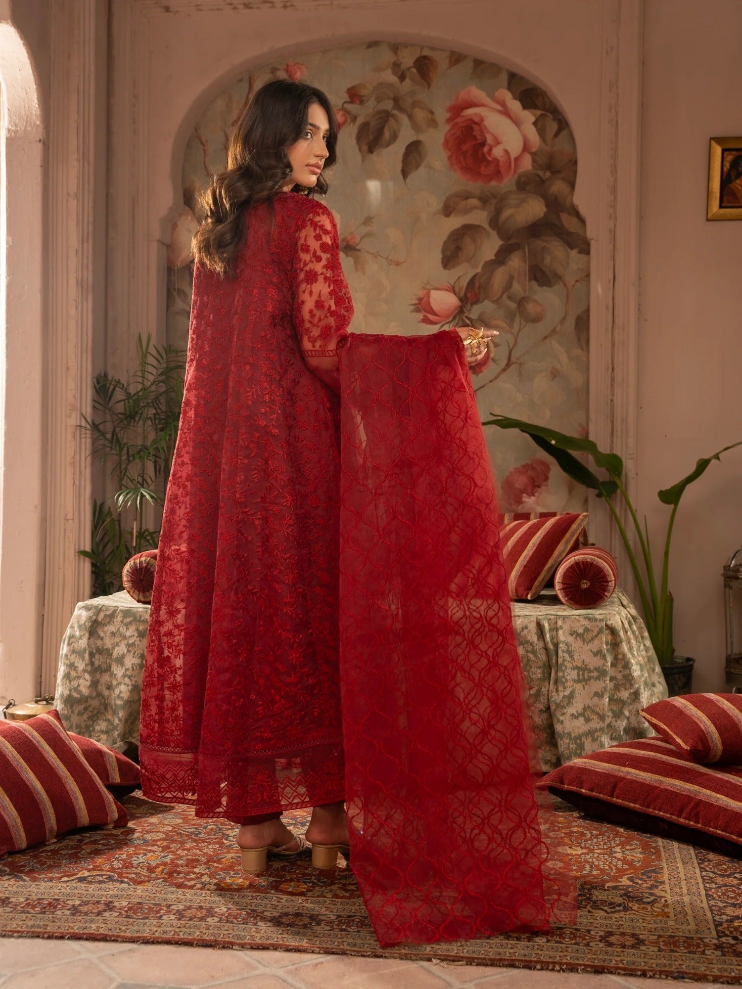 Maroon Manahil Arts Organza Embellished Stitched 3-Piece Suit-K-171-Maroon