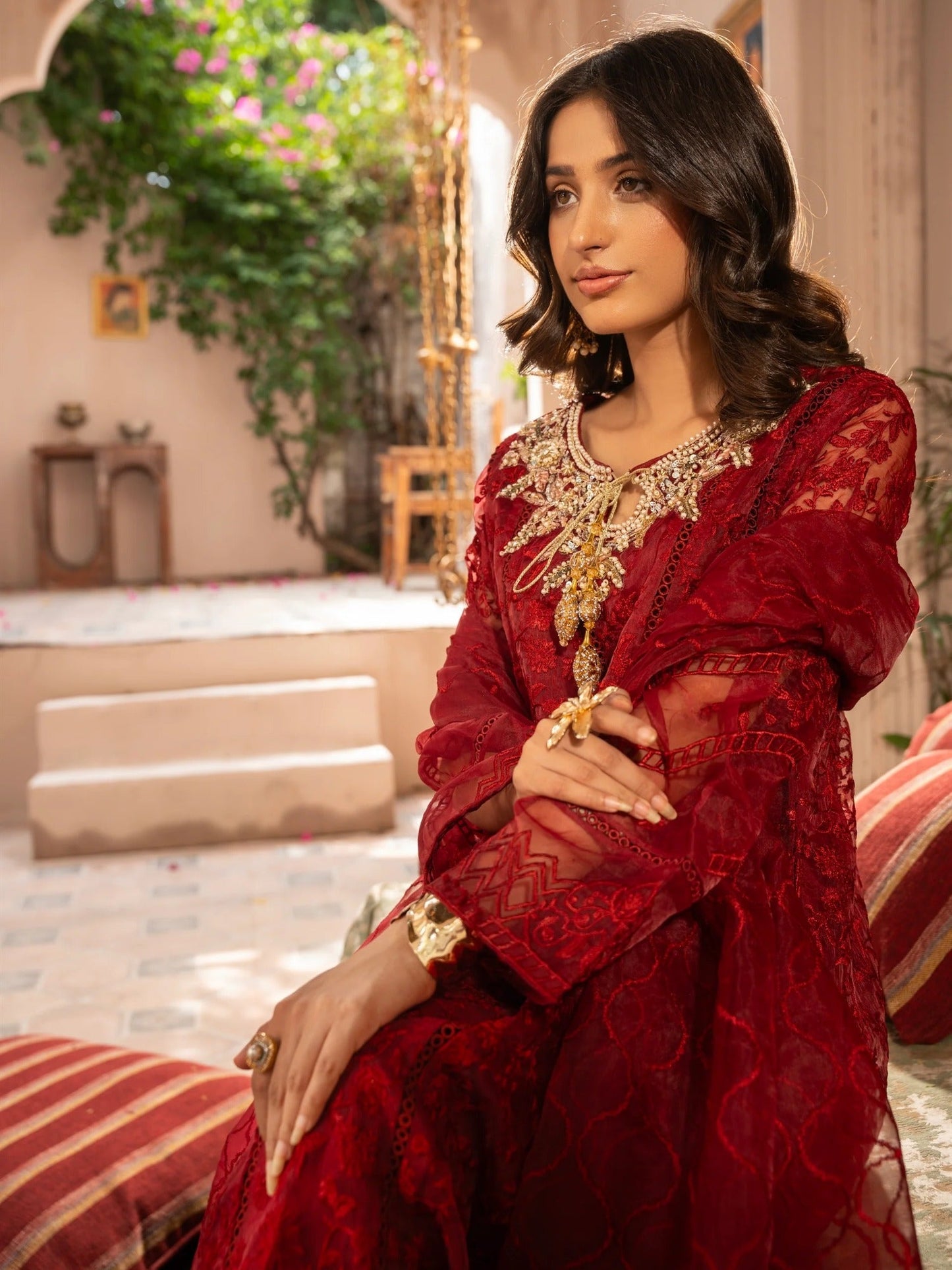 Maroon Manahil Arts Organza Embellished Stitched 3-Piece Suit-K-171-Maroon
