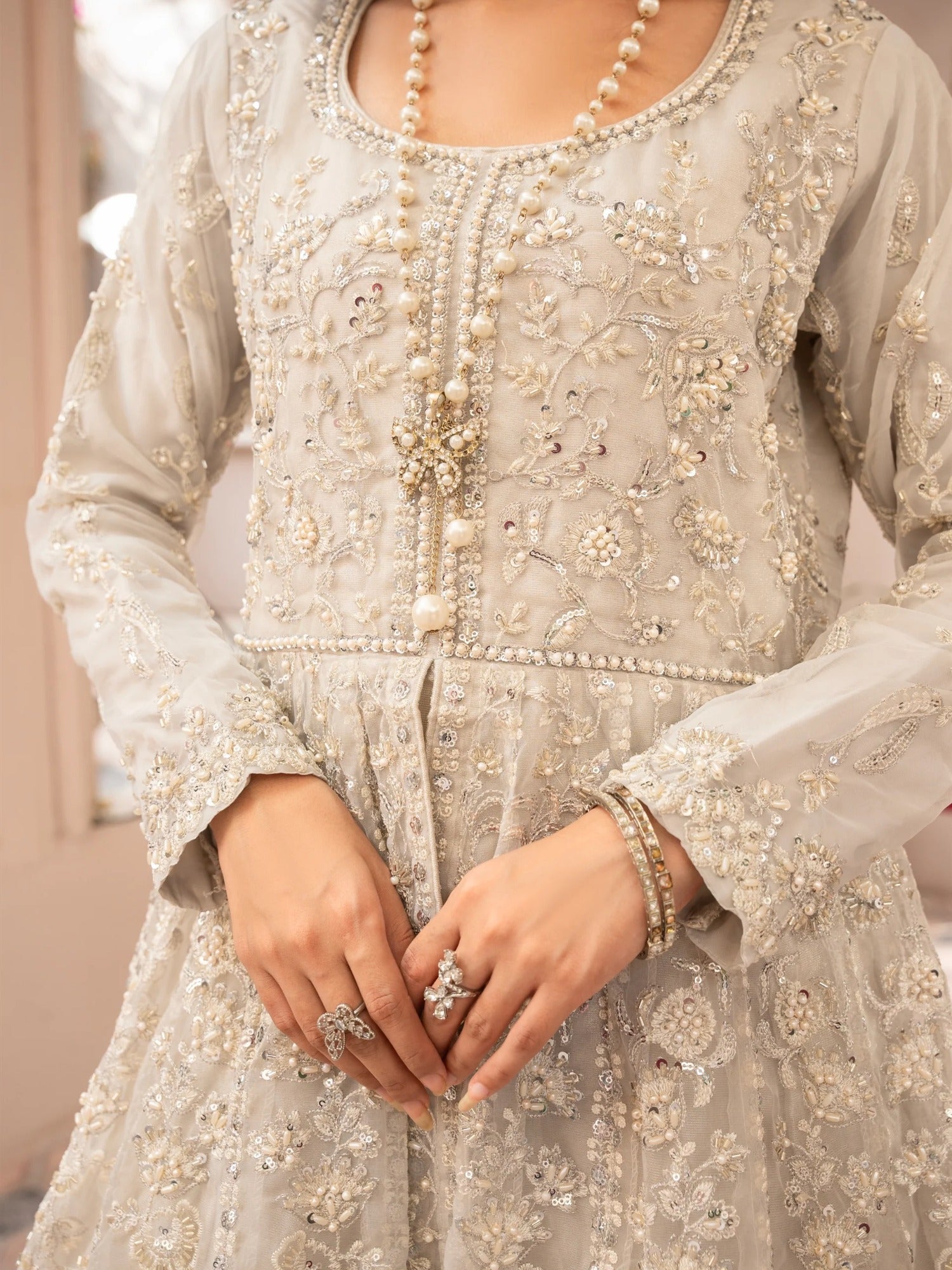 Silver Manahil Arts Organza Embellished Stitched 3-Piece Suit-Luxury-018-Silver