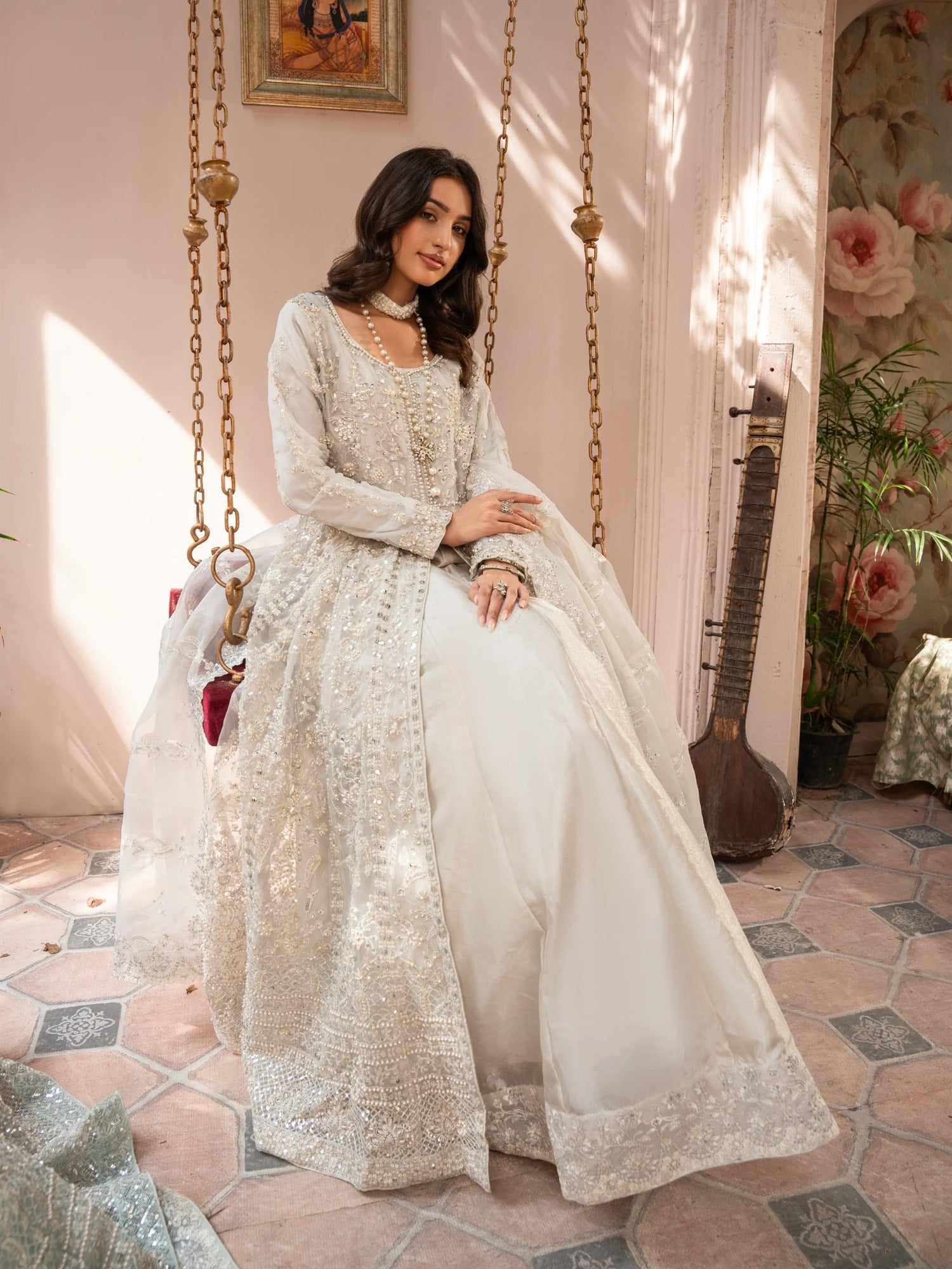 Silver Manahil Arts Organza Embellished Stitched 3-Piece Suit-Luxury-018-Silver