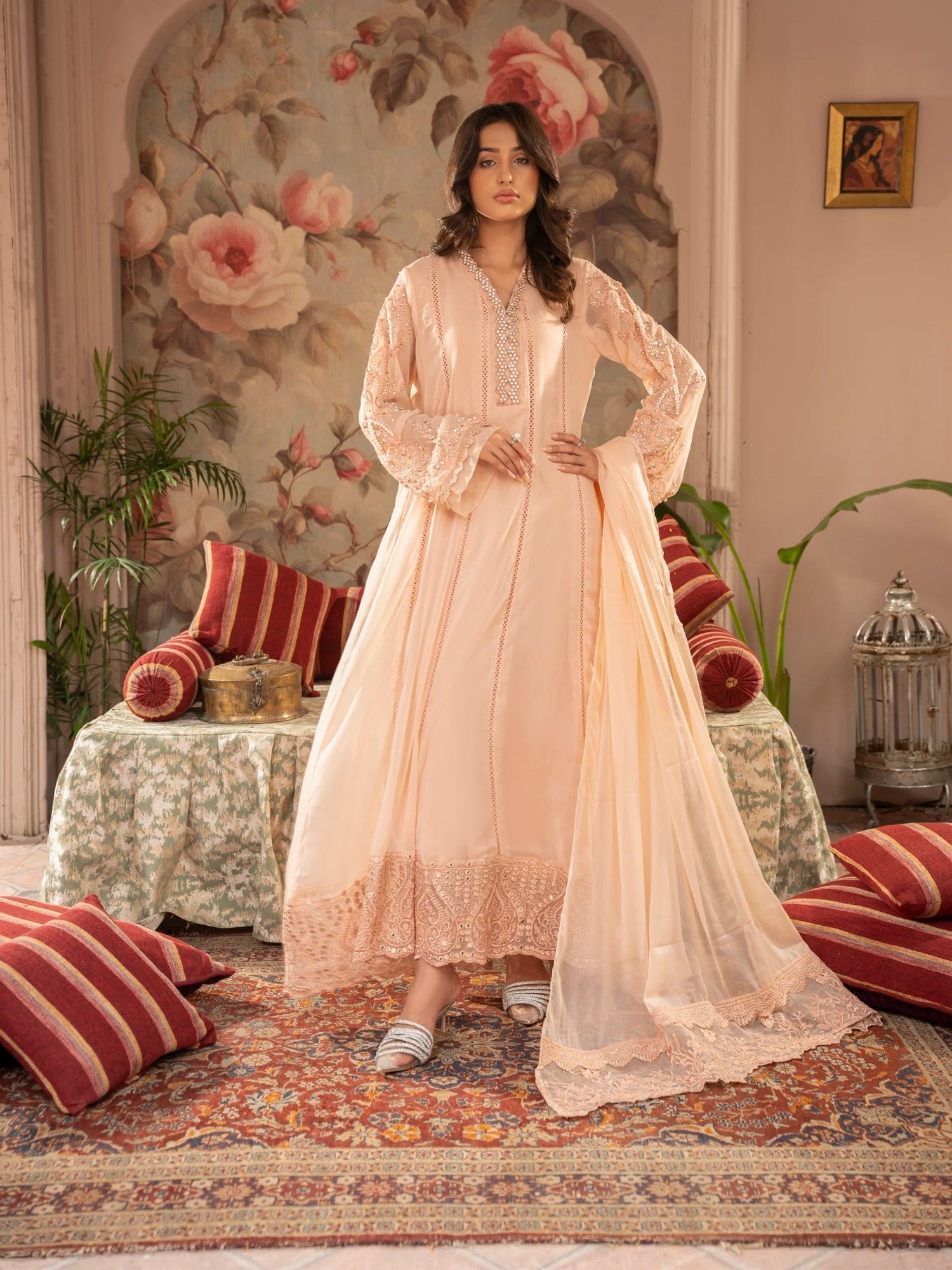 Peach Manahil Arts Chiffon Embellished Stitched 3-Piece Suit-K-165-Peach