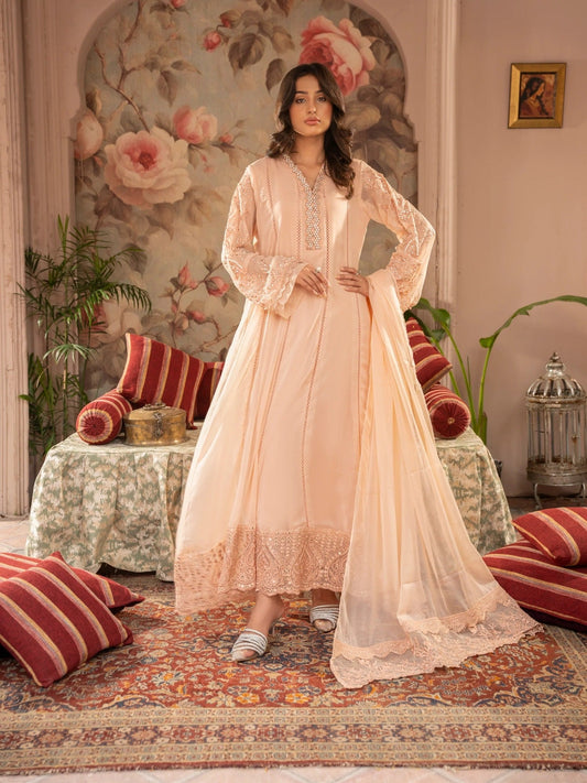 Peach Manahil Arts Chiffon Embellished Stitched 3-Piece Suit-K-165-Peach