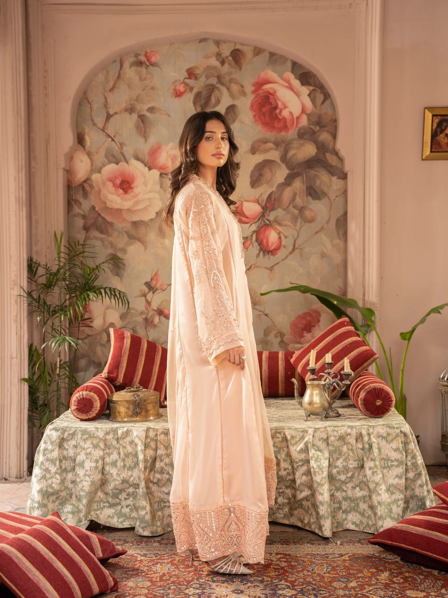 Peach Manahil Arts Chiffon Embellished Stitched 3-Piece Suit-K-165-Peach