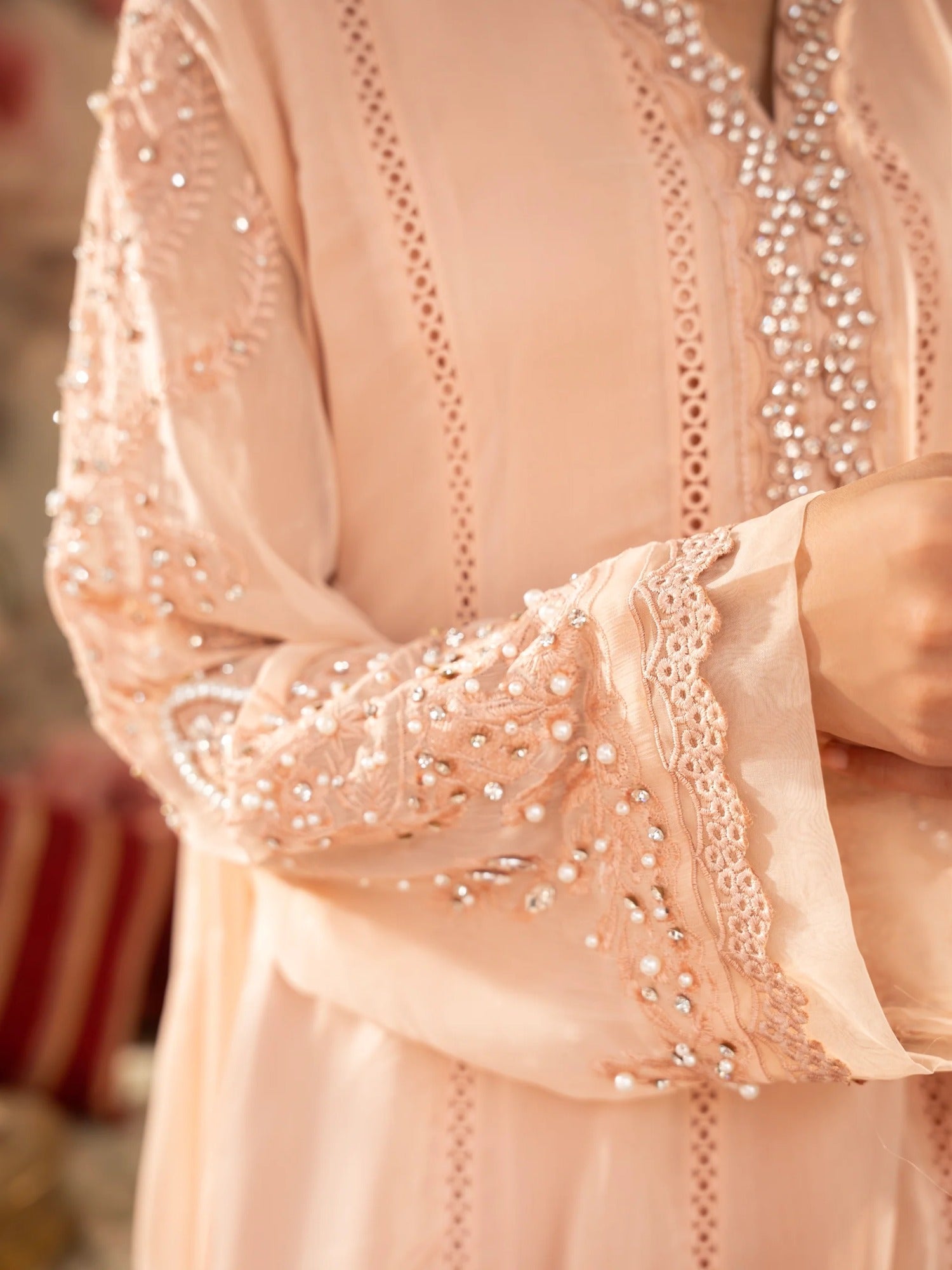 Peach Manahil Arts Chiffon Embellished Stitched 3-Piece Suit-K-165-Peach