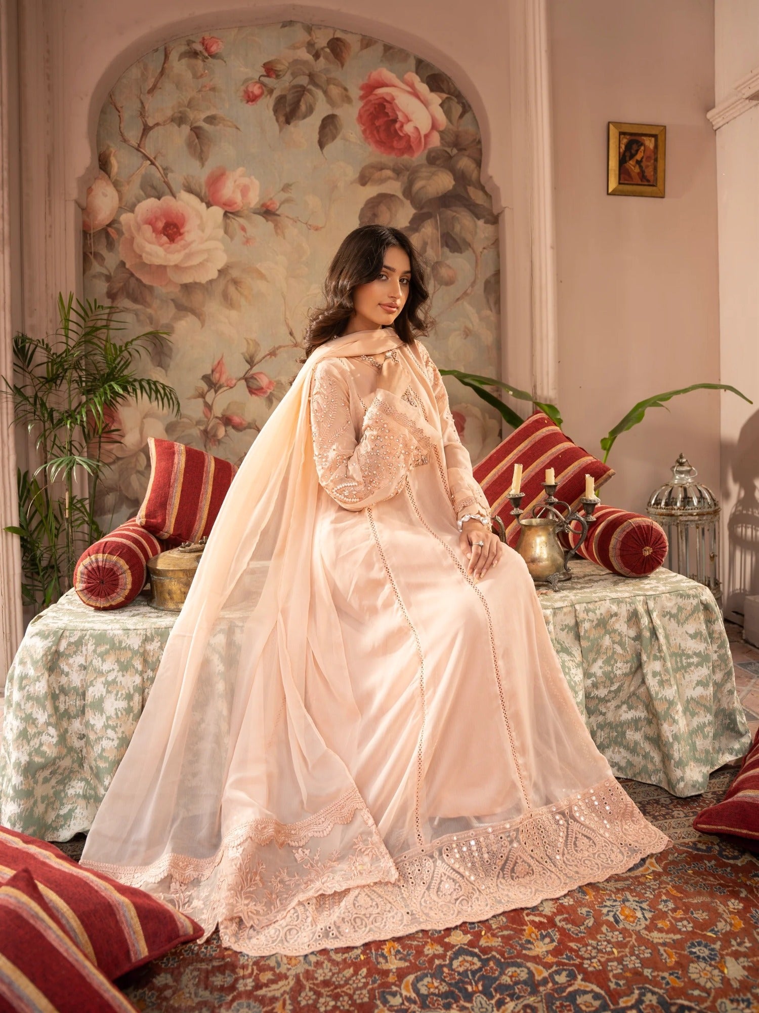 Peach Manahil Arts Chiffon Embellished Stitched 3-Piece Suit-K-165-Peach