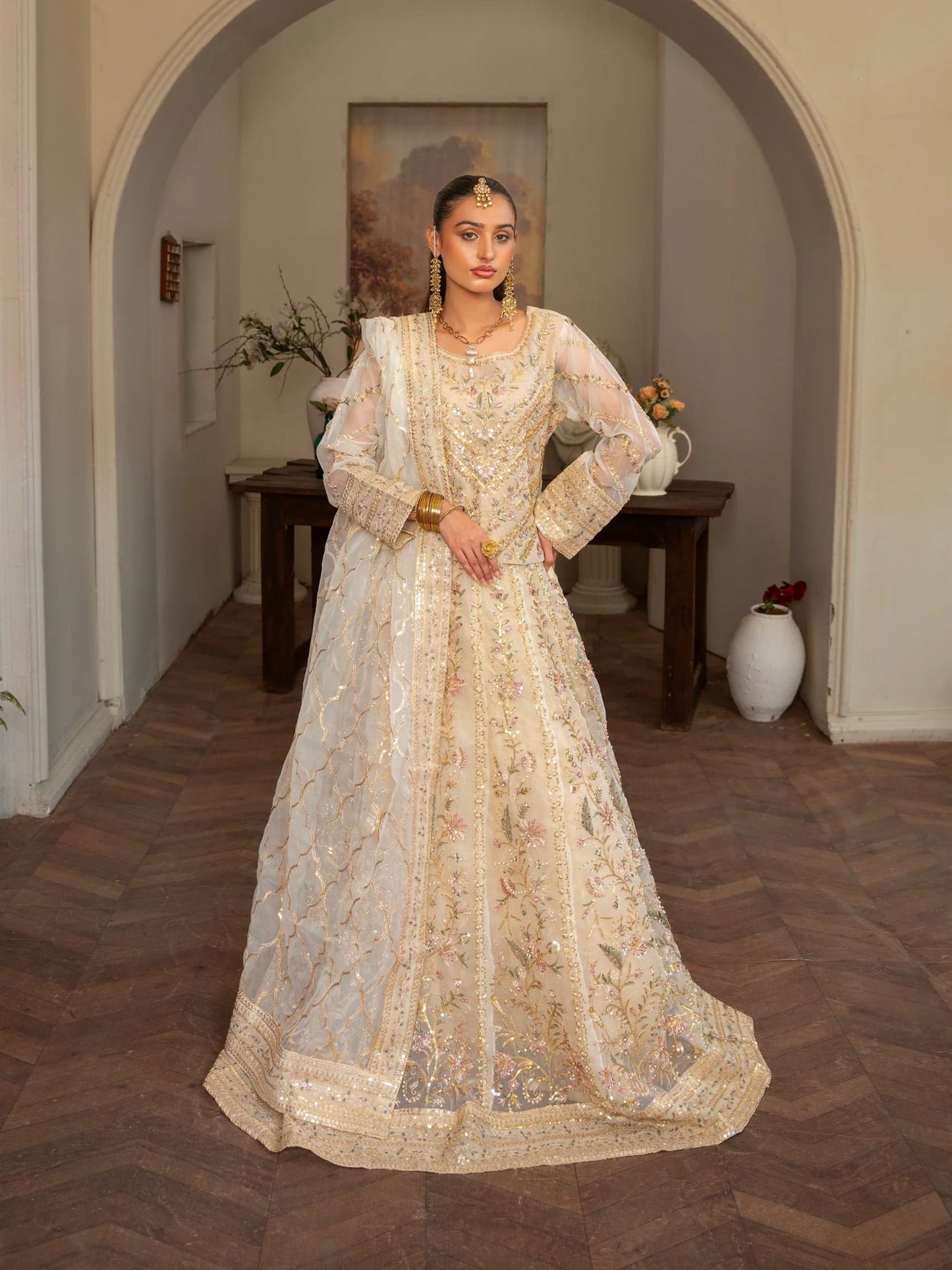 Beige Manahil Arts Organza Embellished Stitched Lehenga-001-Beige