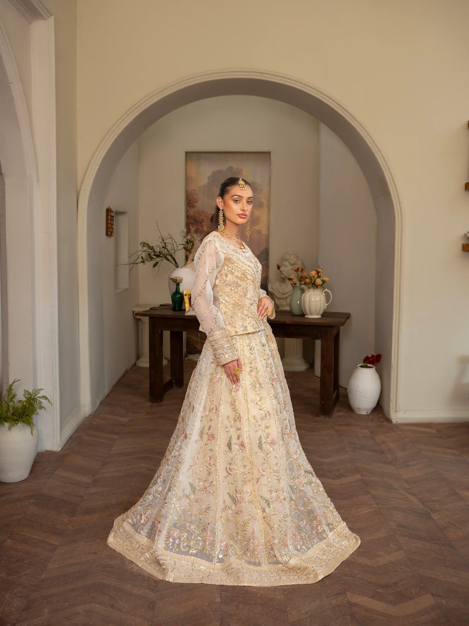 Beige Manahil Arts Organza Embellished Stitched Lehenga-001-Beige