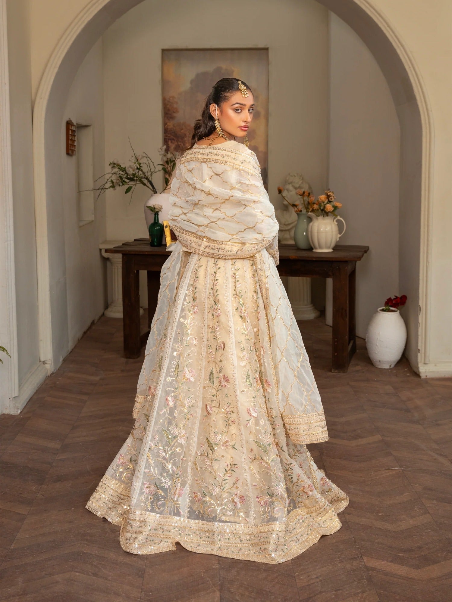 Beige Manahil Arts Organza Embellished Stitched Lehenga-001-Beige