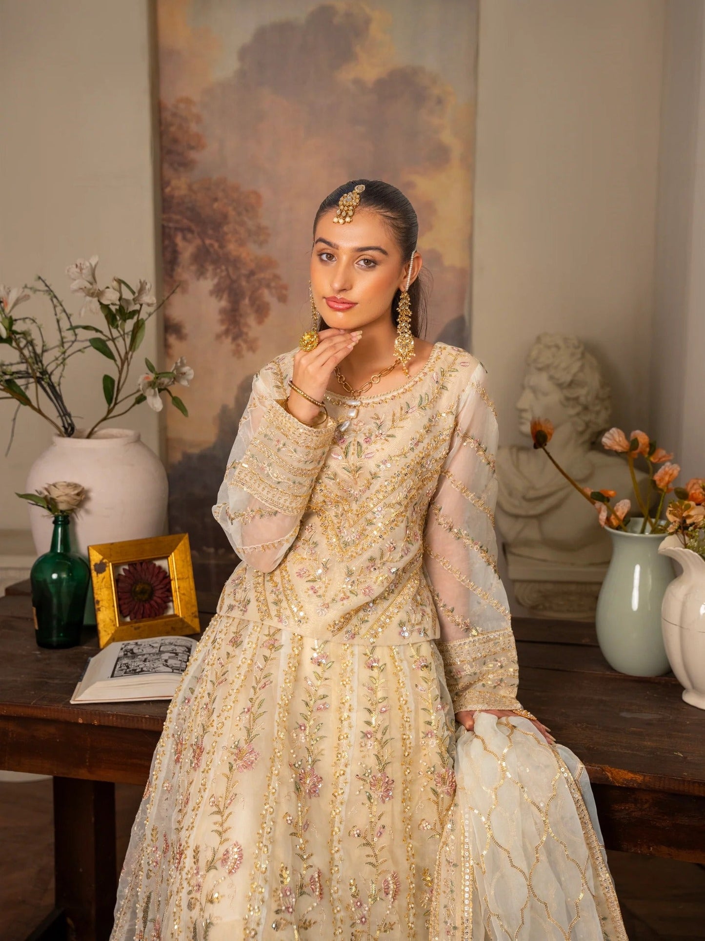 Beige Manahil Arts Organza Embellished Stitched Lehenga-001-Beige