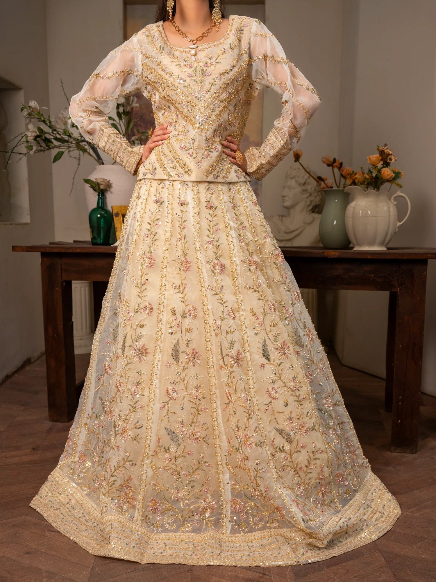 Beige Manahil Arts Organza Embellished Stitched Lehenga-001-Beige
