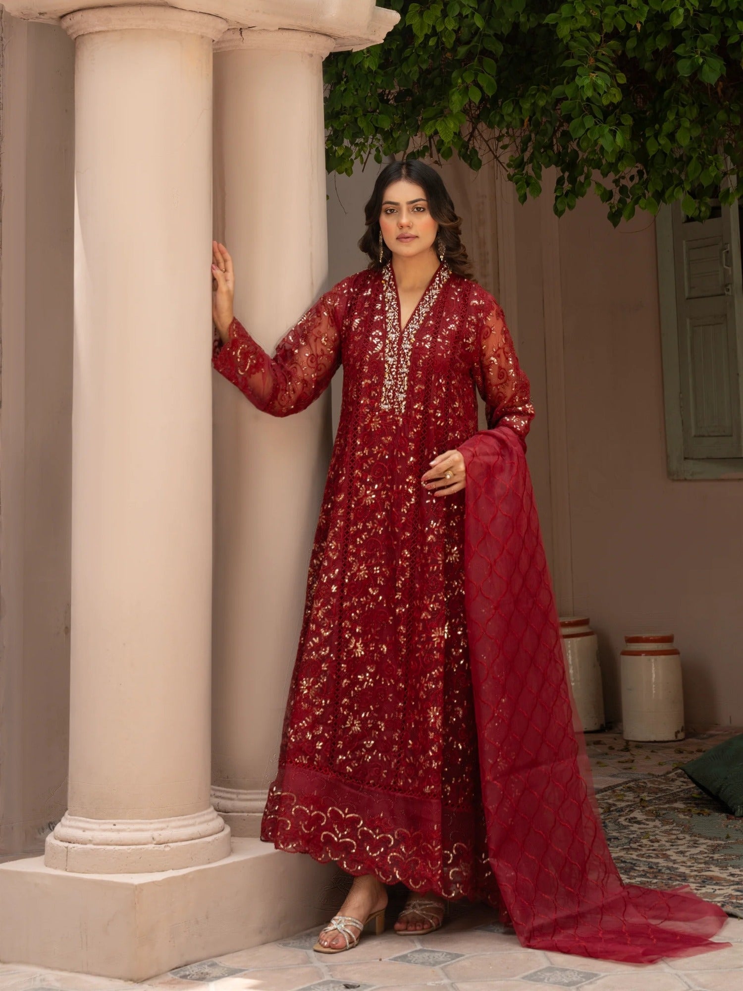 Maroon Manahil Arts Organza Embellished Stitched 3-Piece Suit-K-151-Maroon