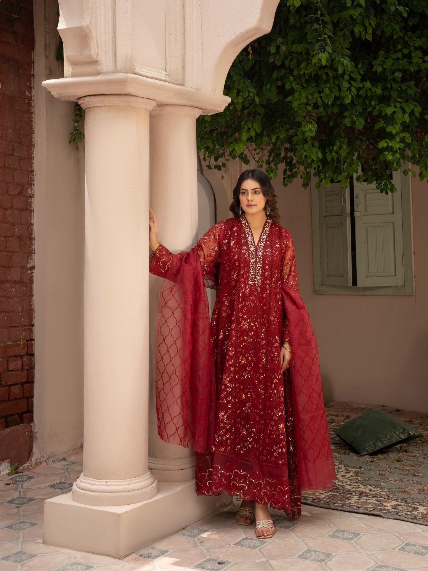 Maroon Manahil Arts Organza Embellished Stitched 3-Piece Suit-K-151-Maroon