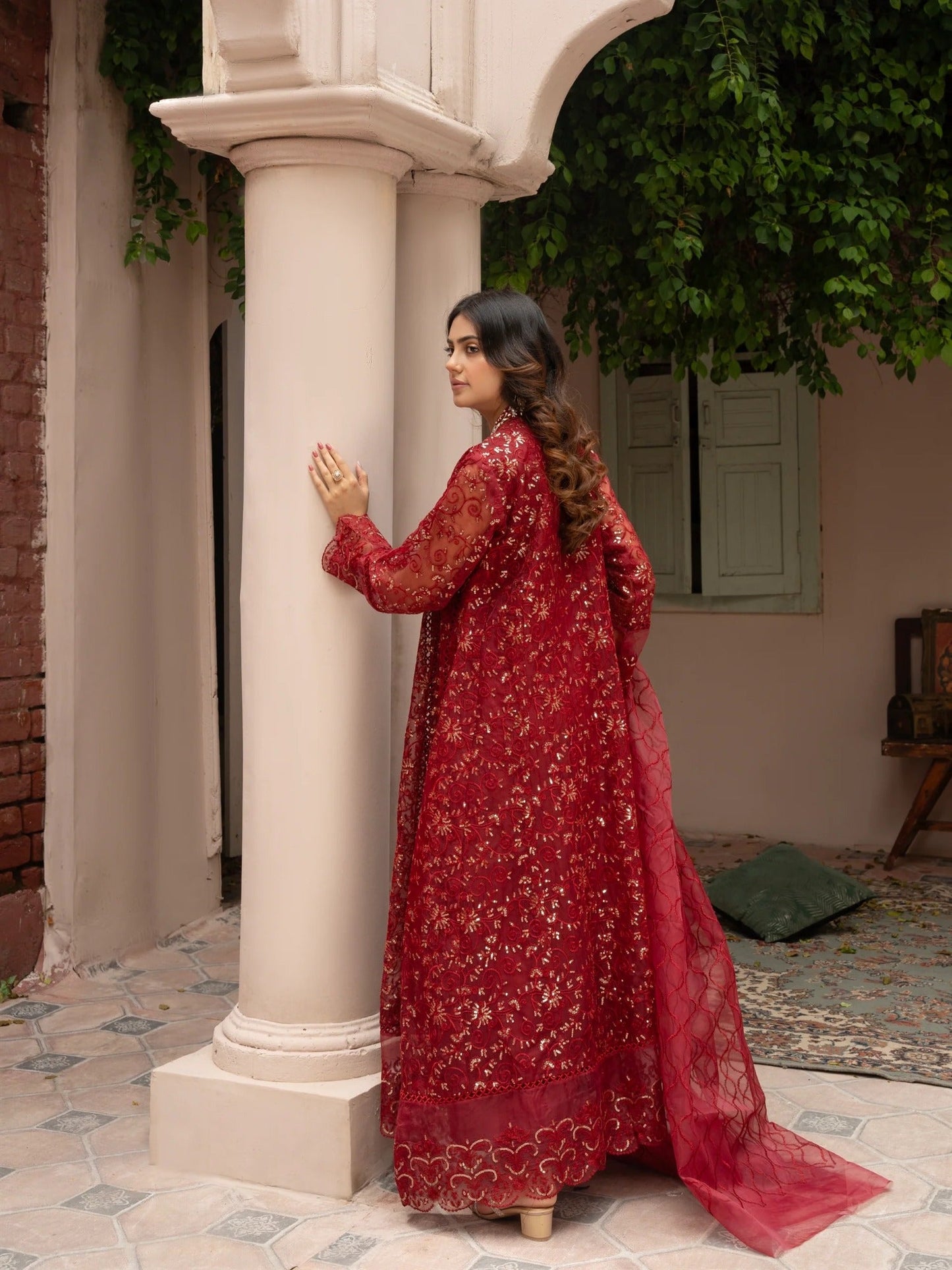Maroon Manahil Arts Organza Embellished Stitched 3-Piece Suit-K-151-Maroon