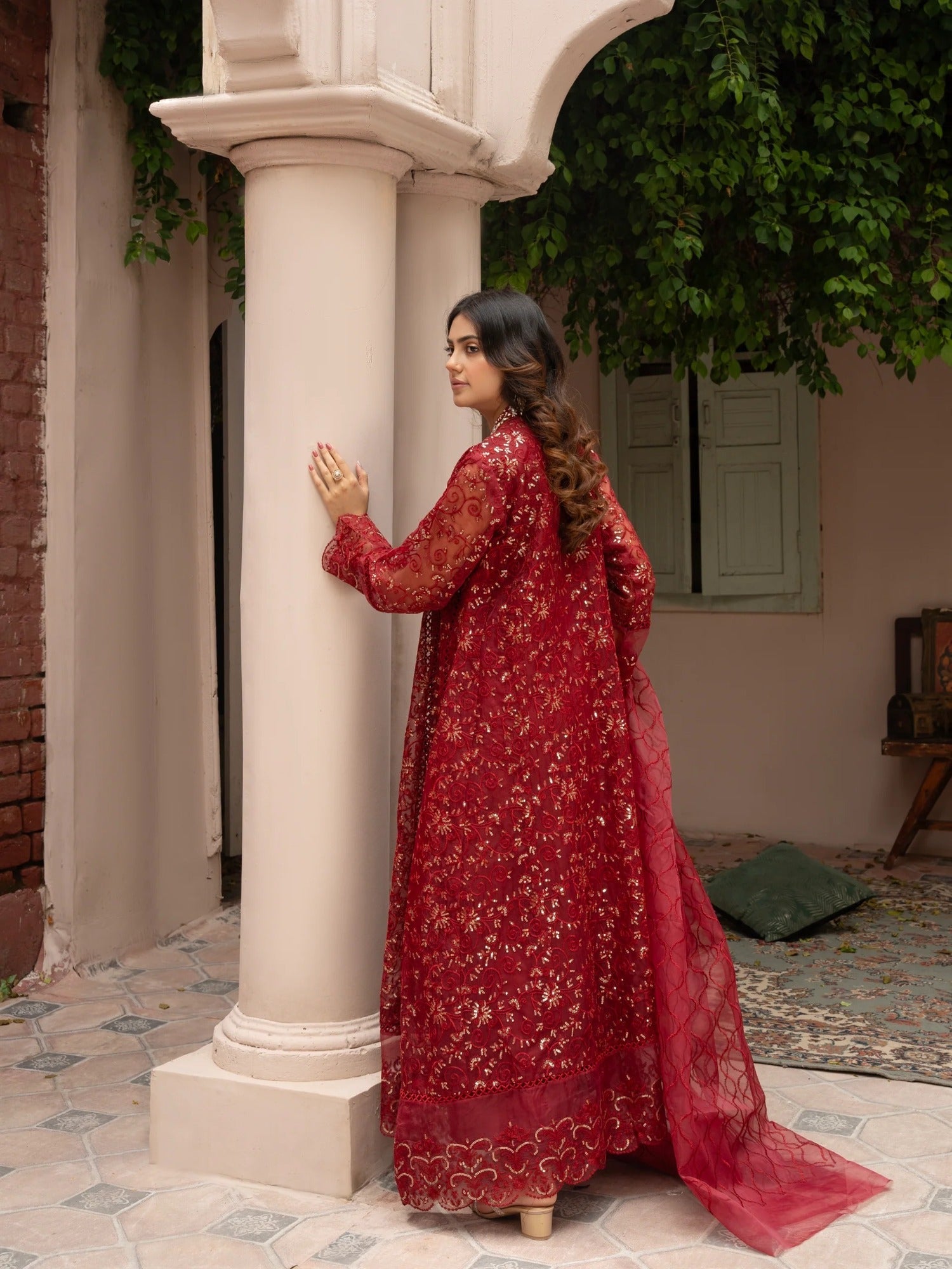 Maroon Manahil Arts Organza Embellished Stitched 3-Piece Suit-K-151-Maroon