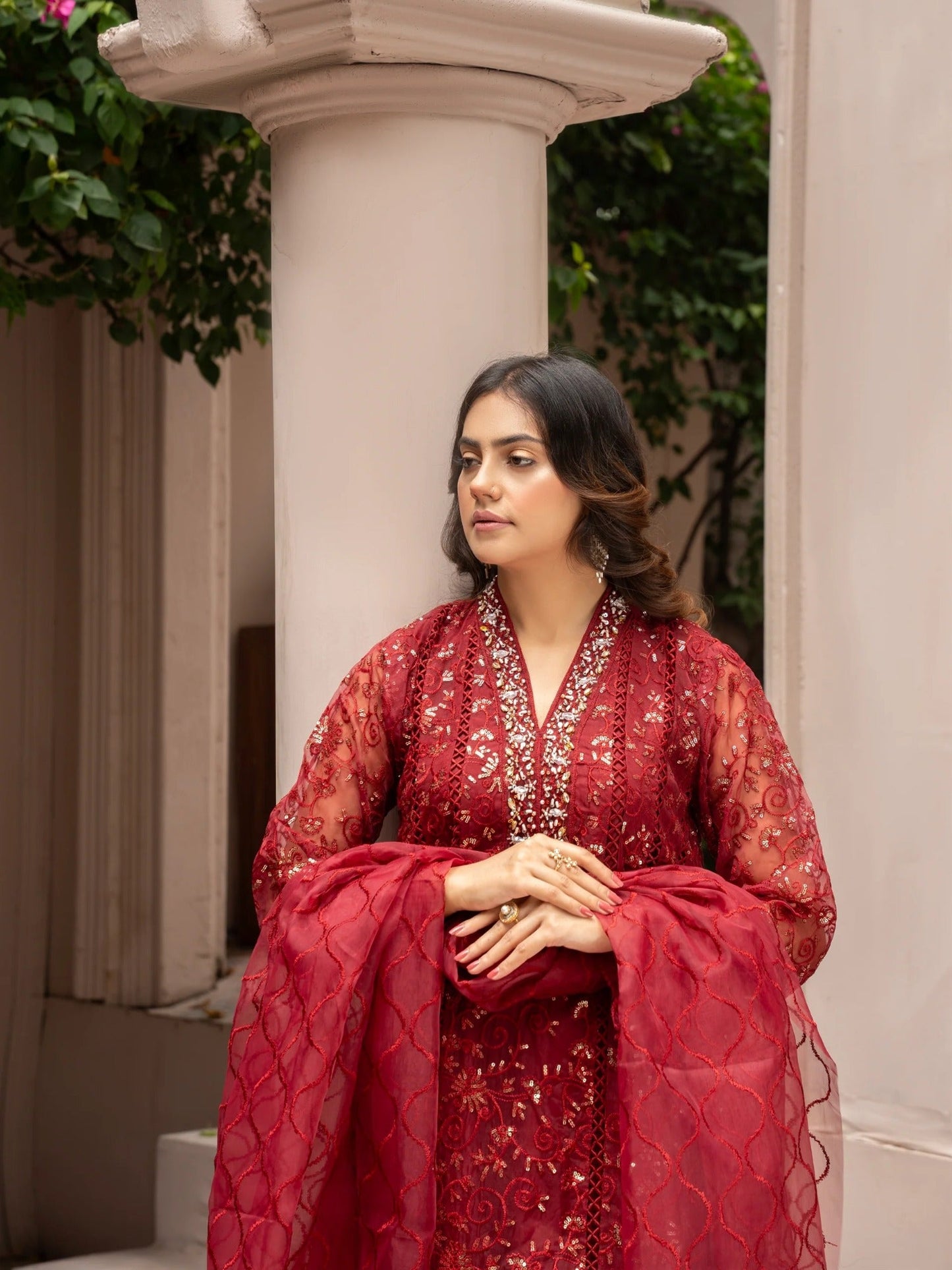 Maroon Manahil Arts Organza Embellished Stitched 3-Piece Suit-K-151-Maroon