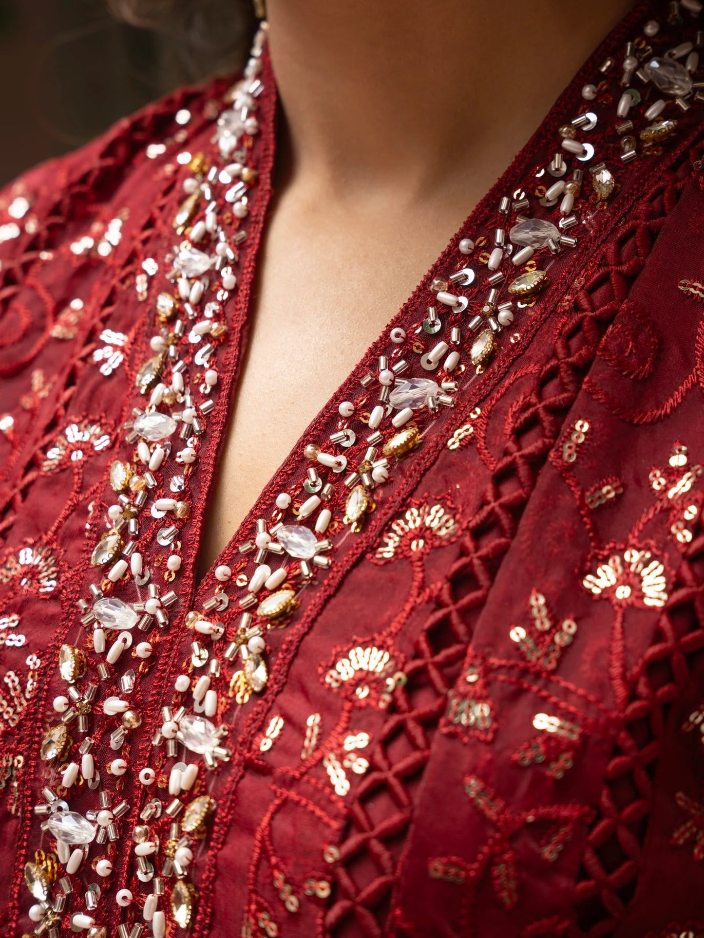 Maroon Manahil Arts Organza Embellished Stitched 3-Piece Suit-K-151-Maroon