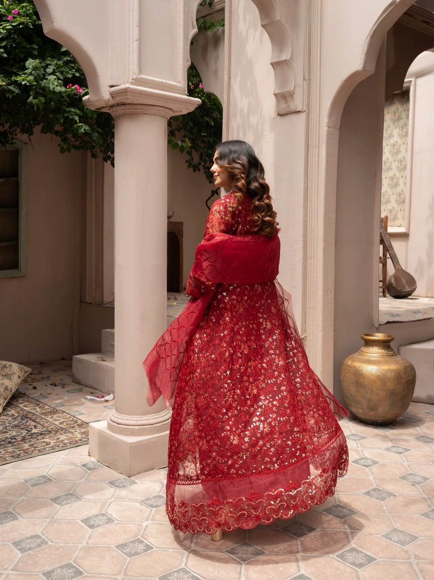 Maroon Manahil Arts Organza Embellished Stitched 3-Piece Suit-K-151-Maroon