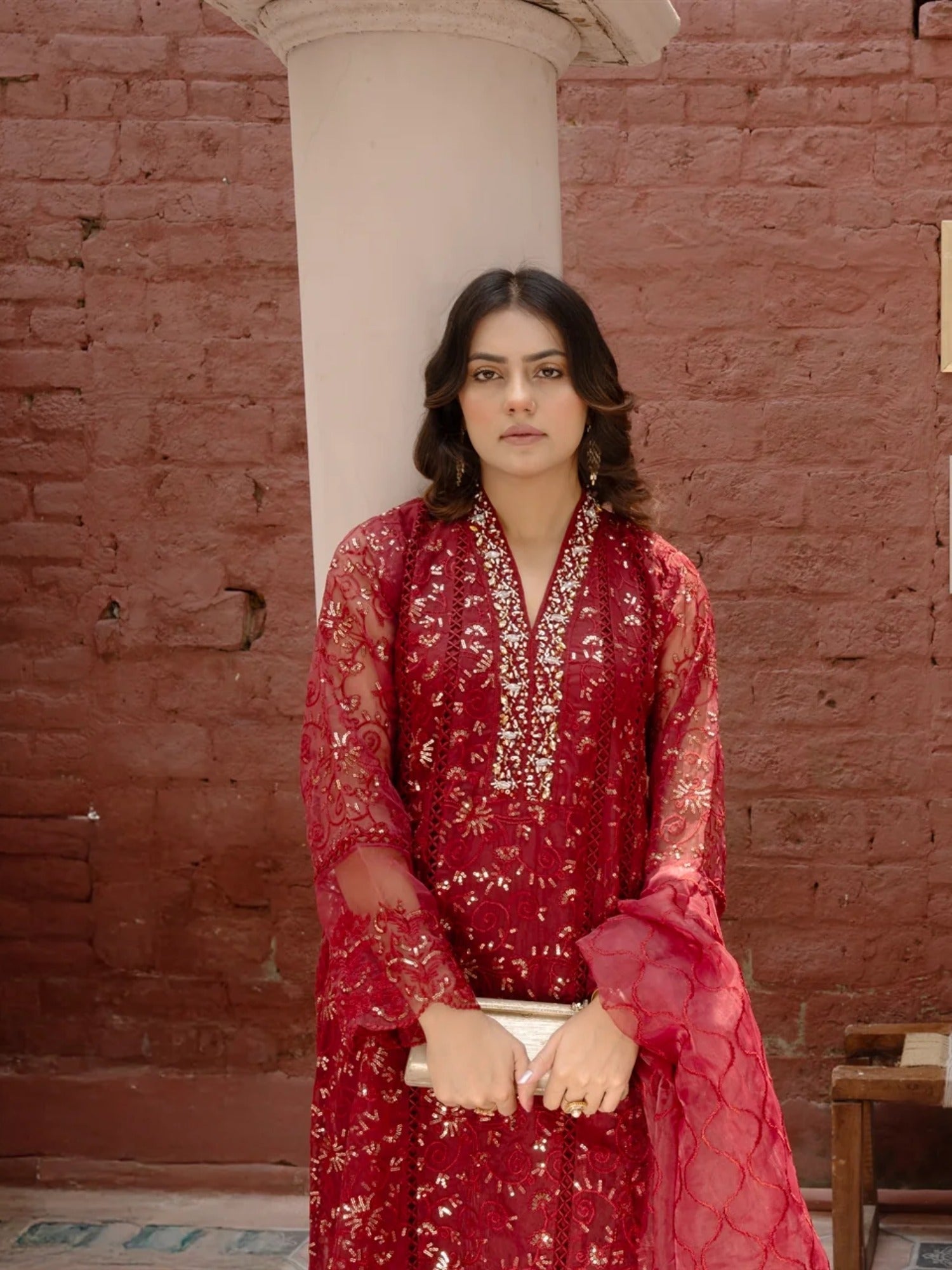 Maroon Manahil Arts Organza Embellished Stitched 3-Piece Suit-K-151-Maroon