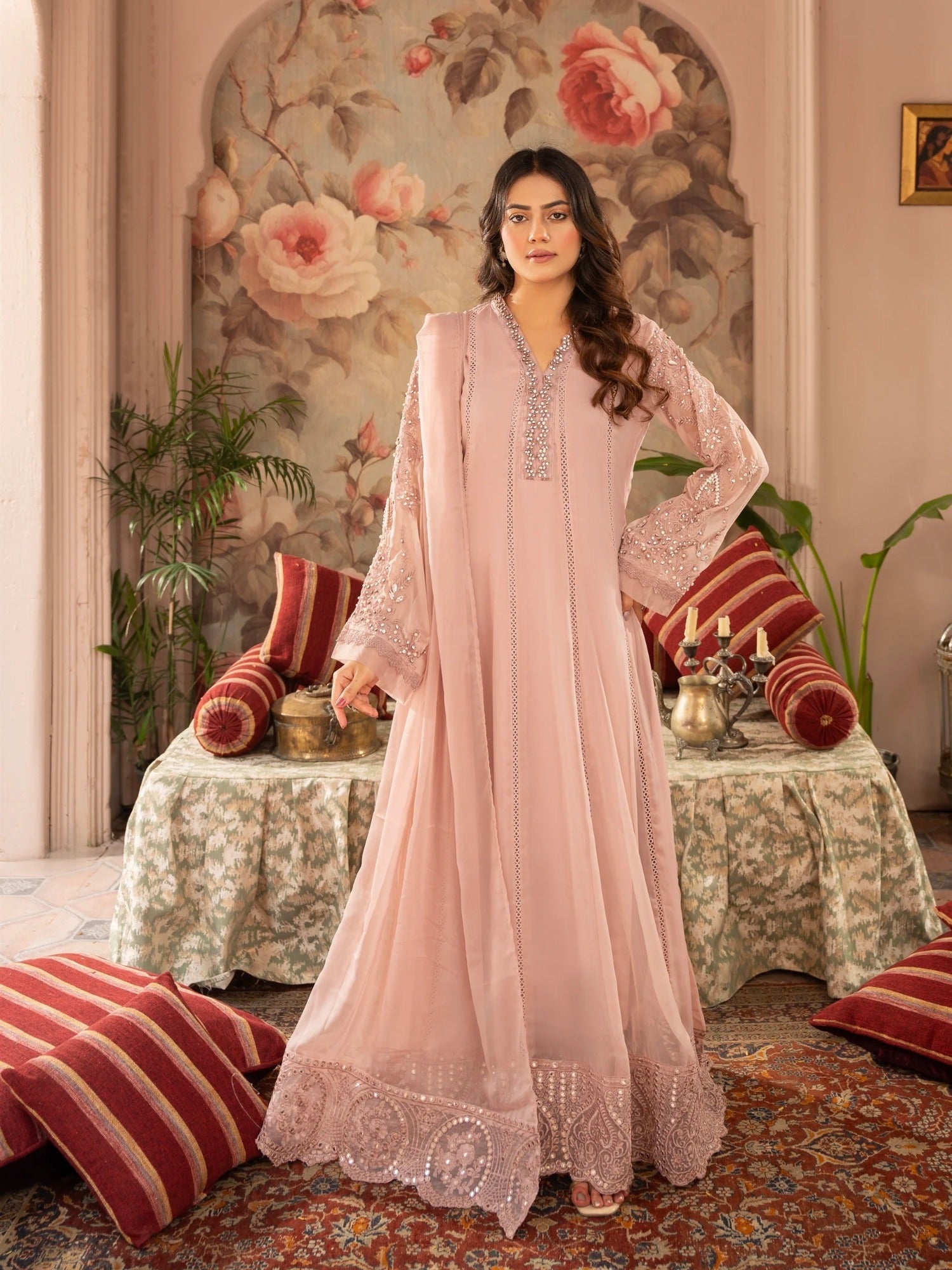Pink Manahil Arts Chiffon Embellished Stitched 3-Piece Suit-K-165-Tea Rose Pink