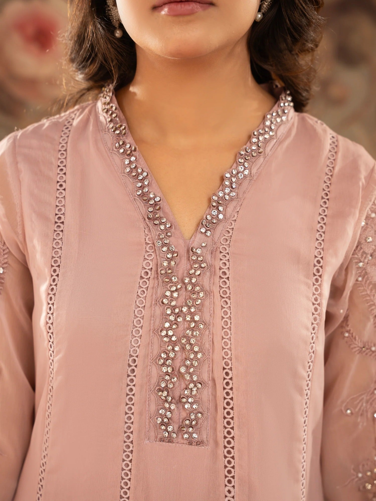 Pink Manahil Arts Chiffon Embellished Stitched 3-Piece Suit-K-165-Tea Rose Pink