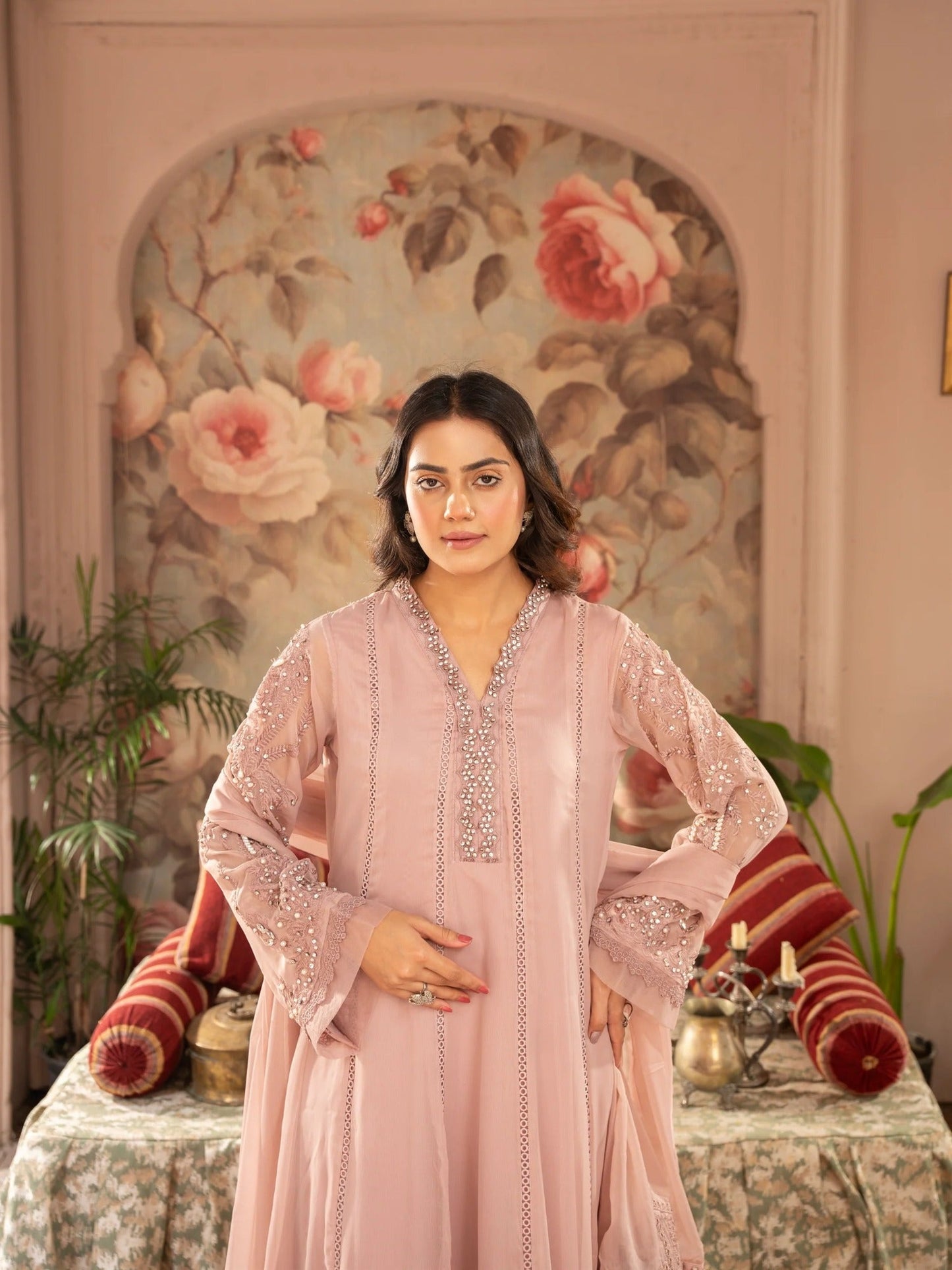Pink Manahil Arts Chiffon Embellished Stitched 3-Piece Suit-K-165-Tea Rose Pink