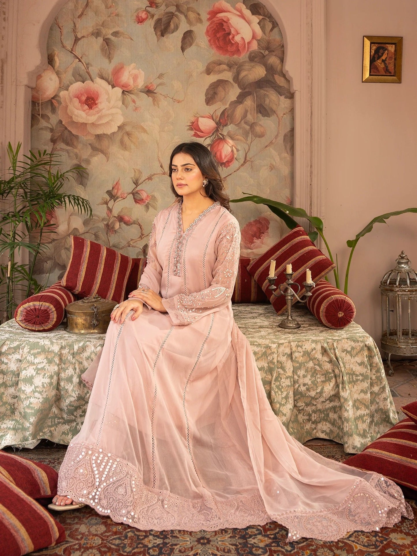 Pink Manahil Arts Chiffon Embellished Stitched 3-Piece Suit-K-165-Tea Rose Pink