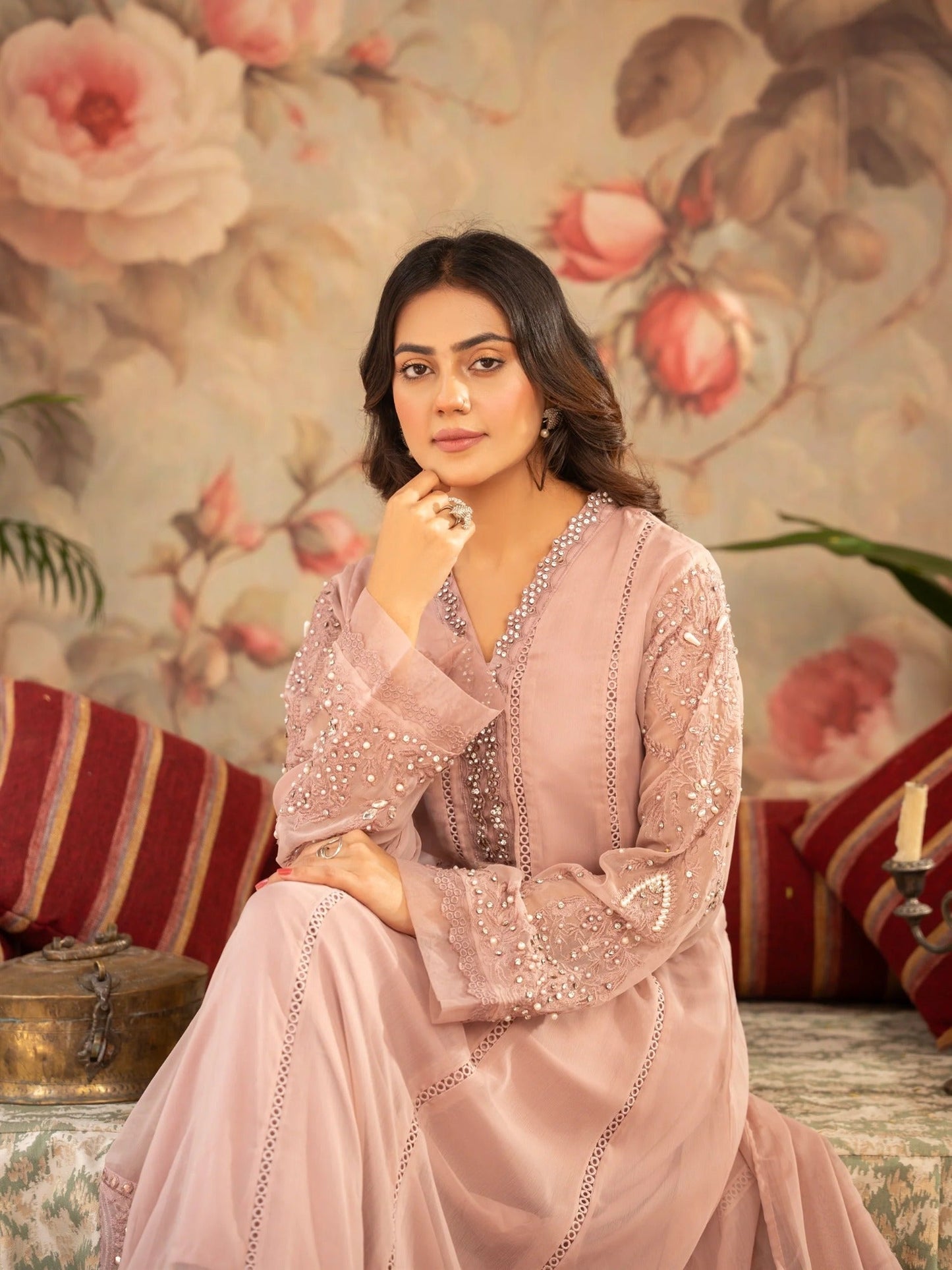Pink Manahil Arts Chiffon Embellished Stitched 3-Piece Suit-K-165-Tea Rose Pink