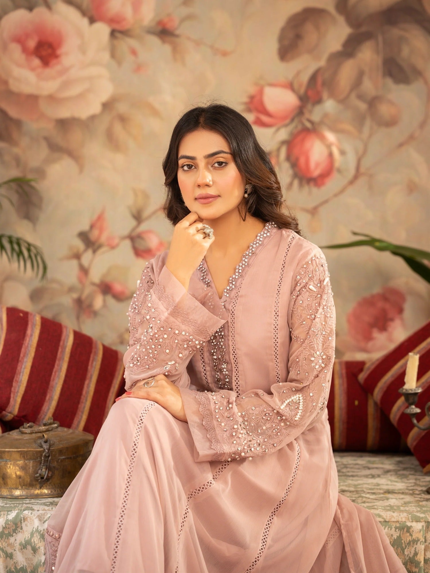Pink Manahil Arts Chiffon Embellished Stitched 3-Piece Suit-K-165-Tea Rose Pink