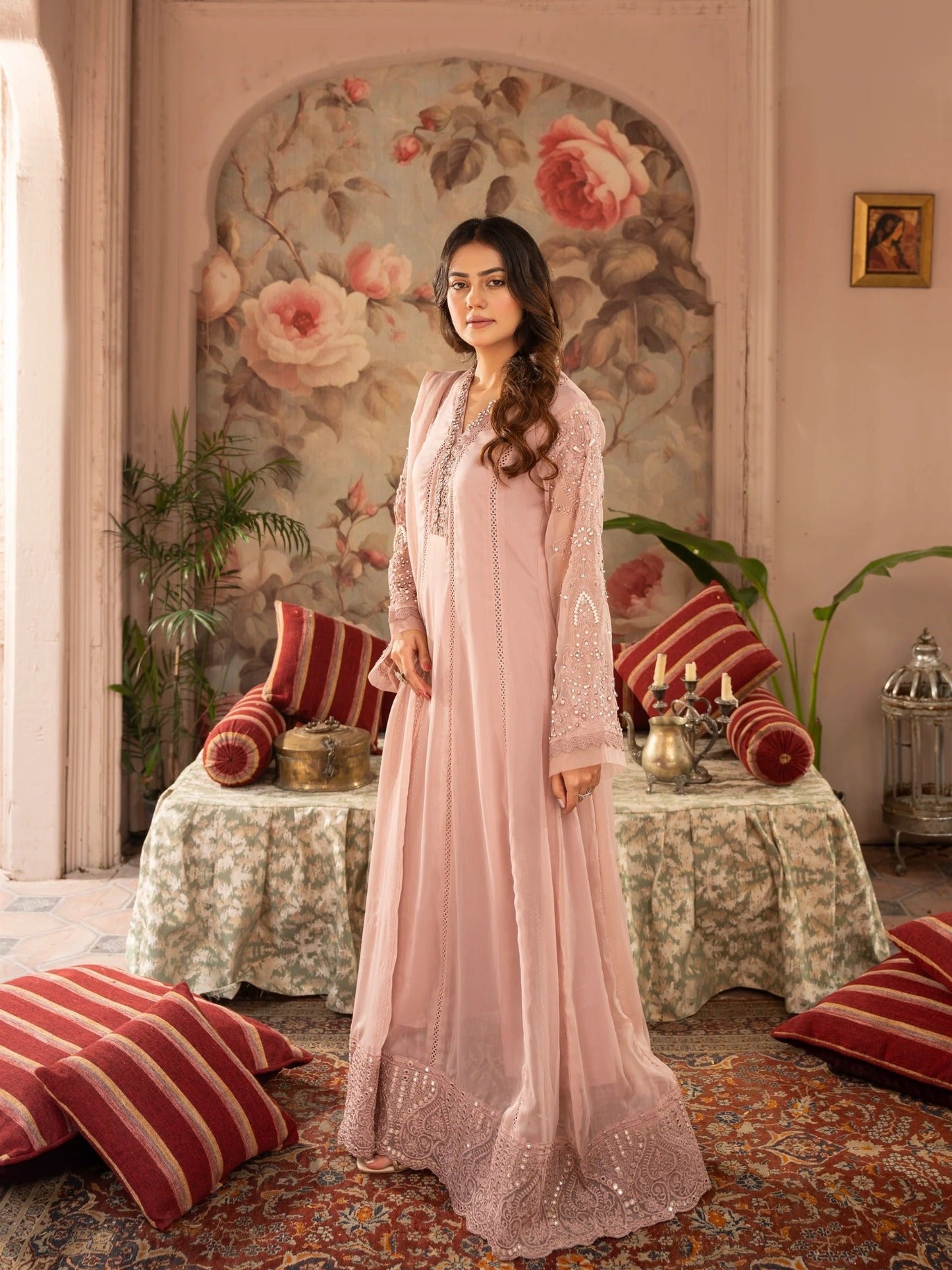 Pink Manahil Arts Chiffon Embellished Stitched 3-Piece Suit-K-165-Tea Rose Pink
