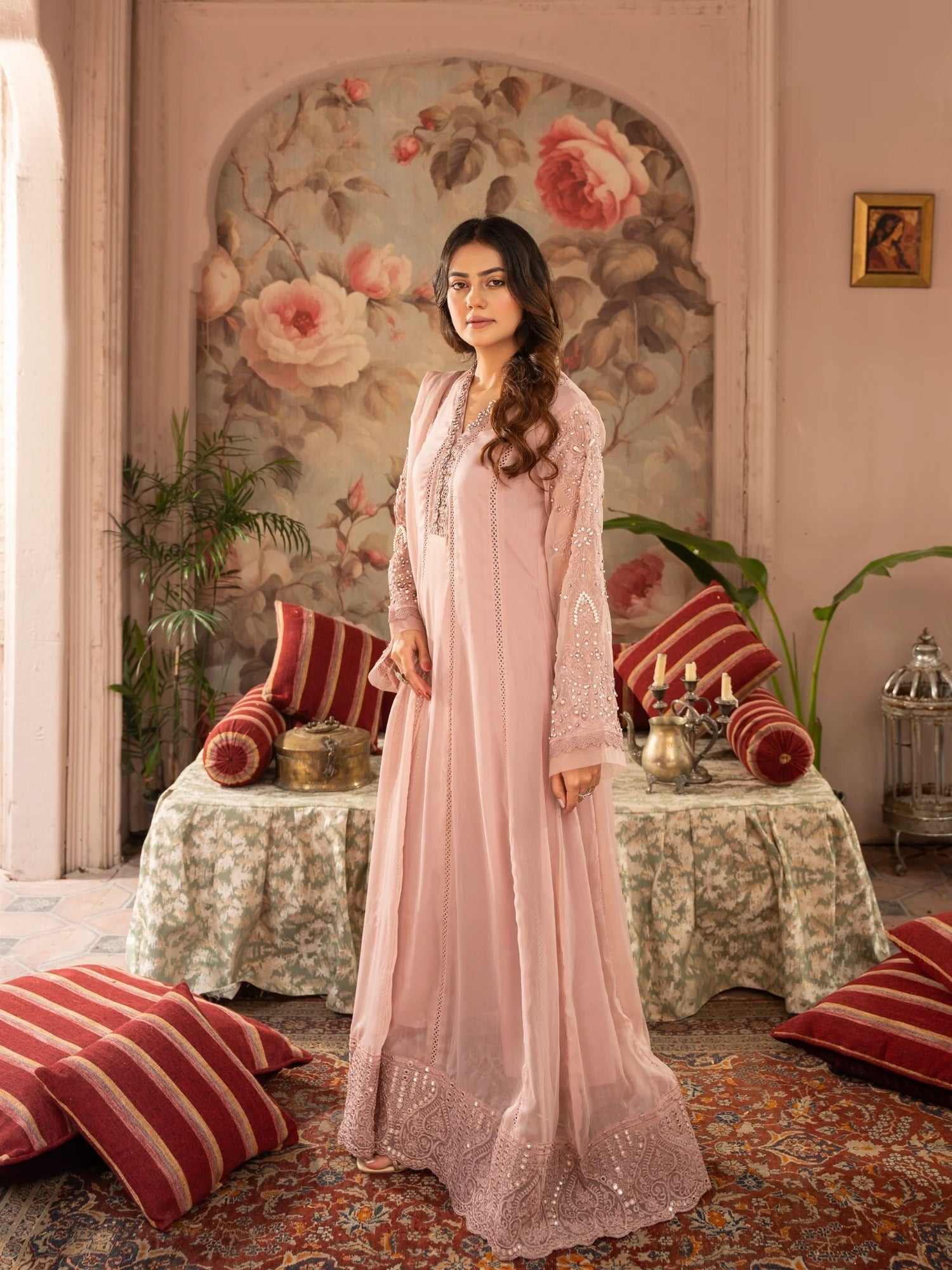 Pink Manahil Arts Chiffon Embellished Stitched 3-Piece Suit-K-165-Tea Rose Pink