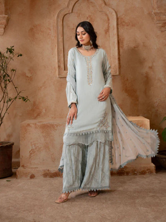 Grey Manahil Arts Raw Silk Embellished Stitched 3-Piece Suit-K-186-Grey