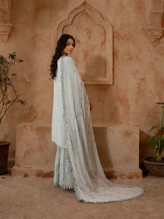 Grey Manahil Arts Raw Silk Embellished Stitched 3-Piece Suit-K-186-Grey