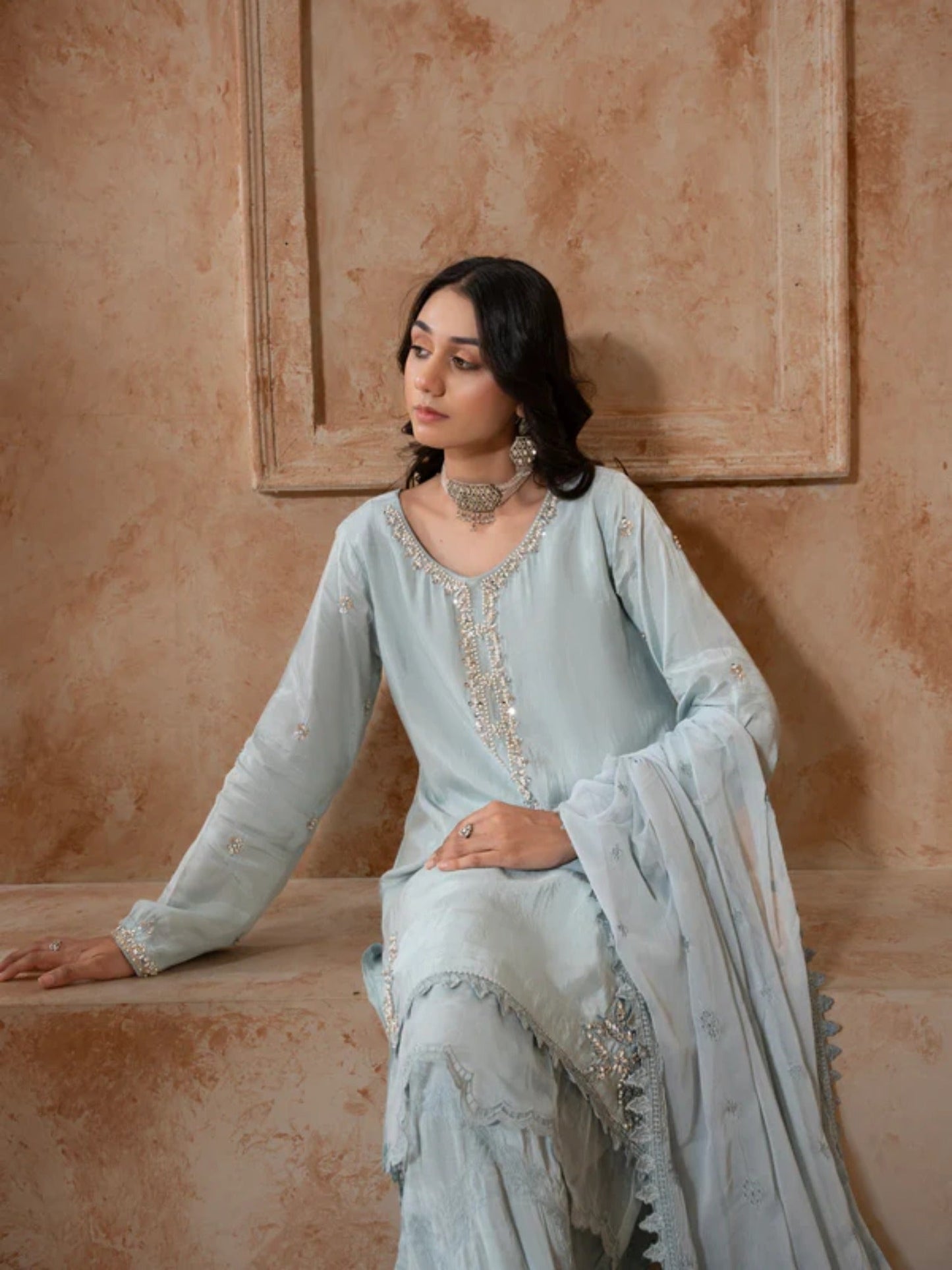 Grey Manahil Arts Raw Silk Embellished Stitched 3-Piece Suit-K-186-Grey
