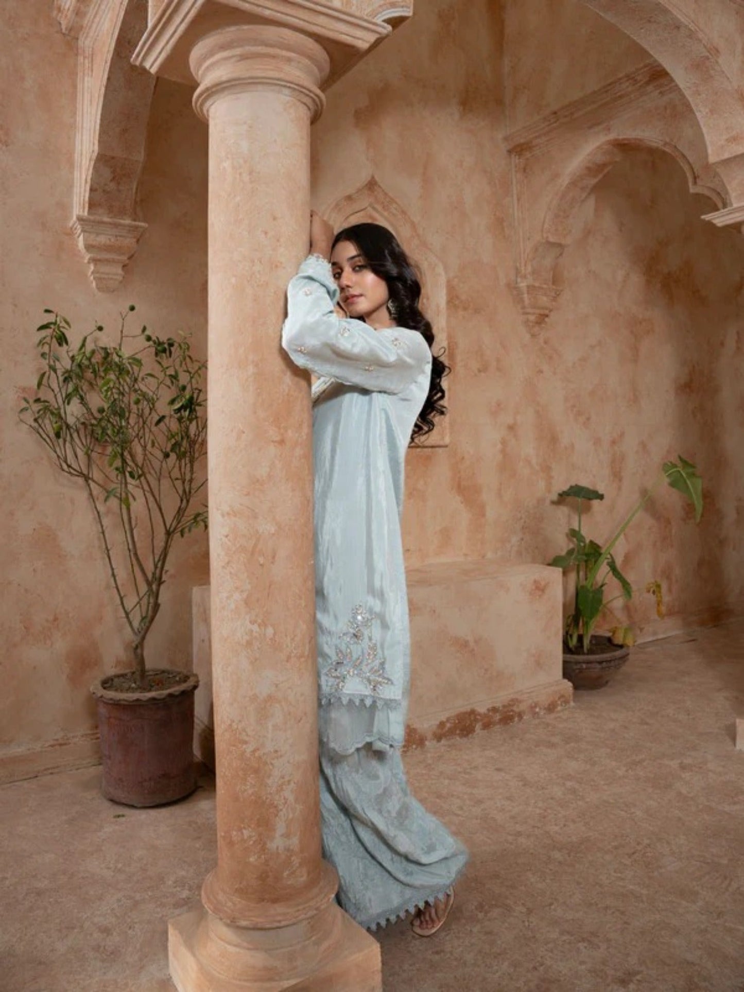Grey Manahil Arts Raw Silk Embellished Stitched 3-Piece Suit-K-186-Grey
