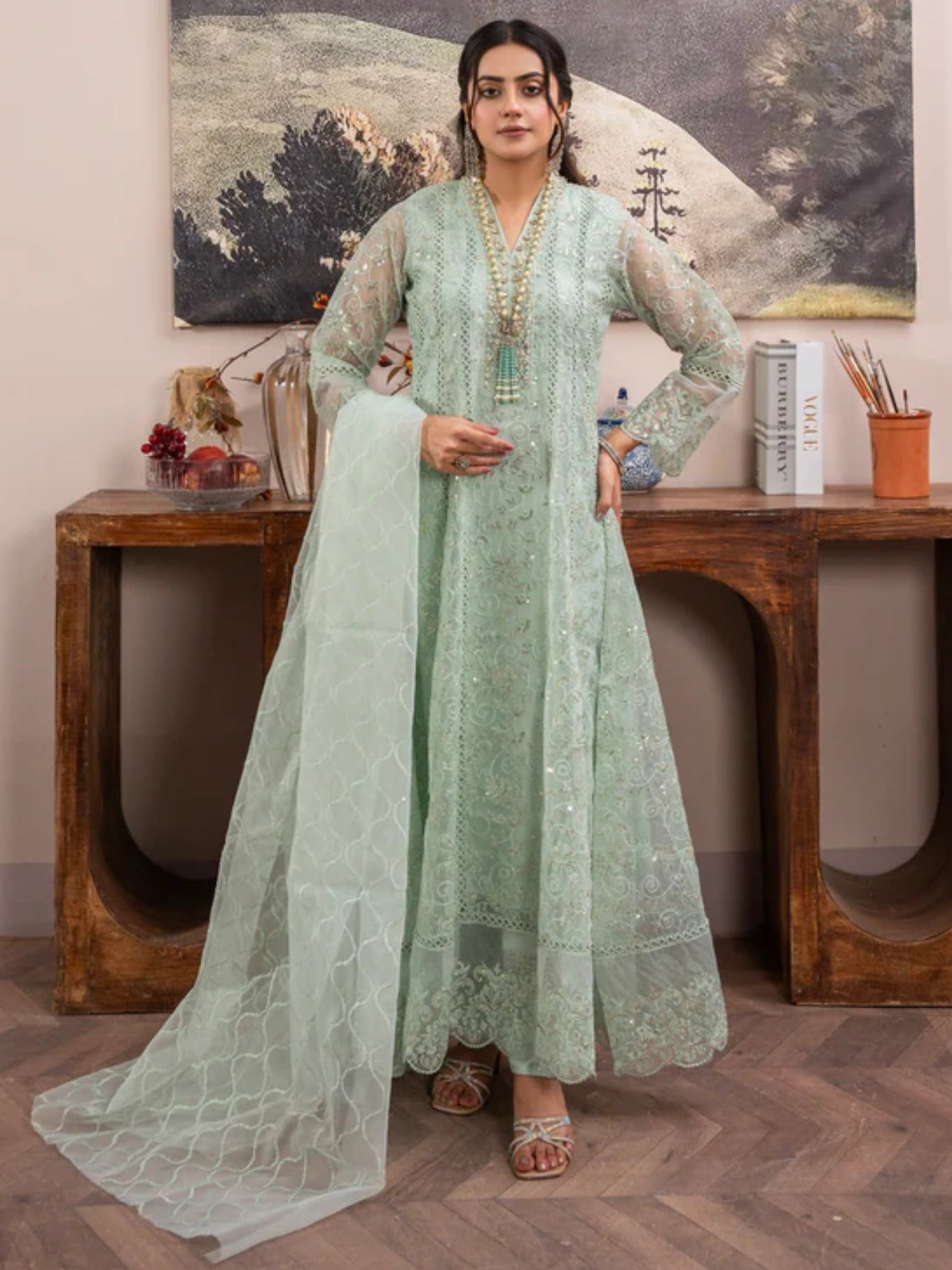 Green-Manahil Arts Organza Embellished Maxi-K-151-Mint Green