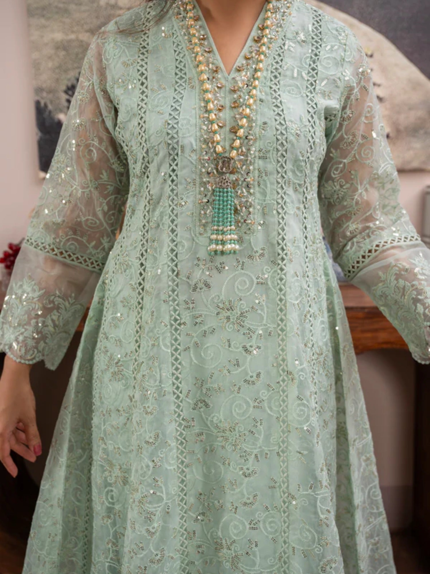 Green-Manahil Arts Organza Embellished Maxi-K-151-Mint Green