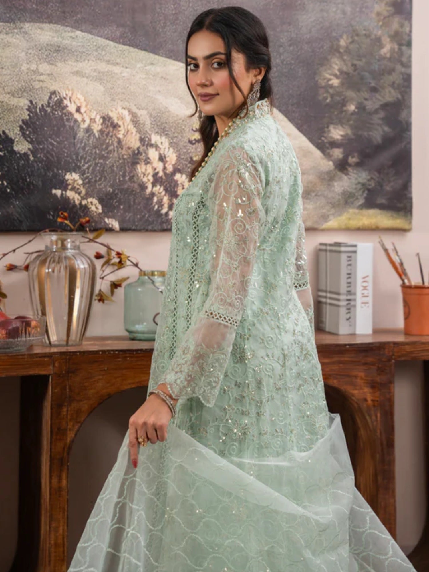 Green-Manahil Arts Organza Embellished Maxi-K-151-Mint Green