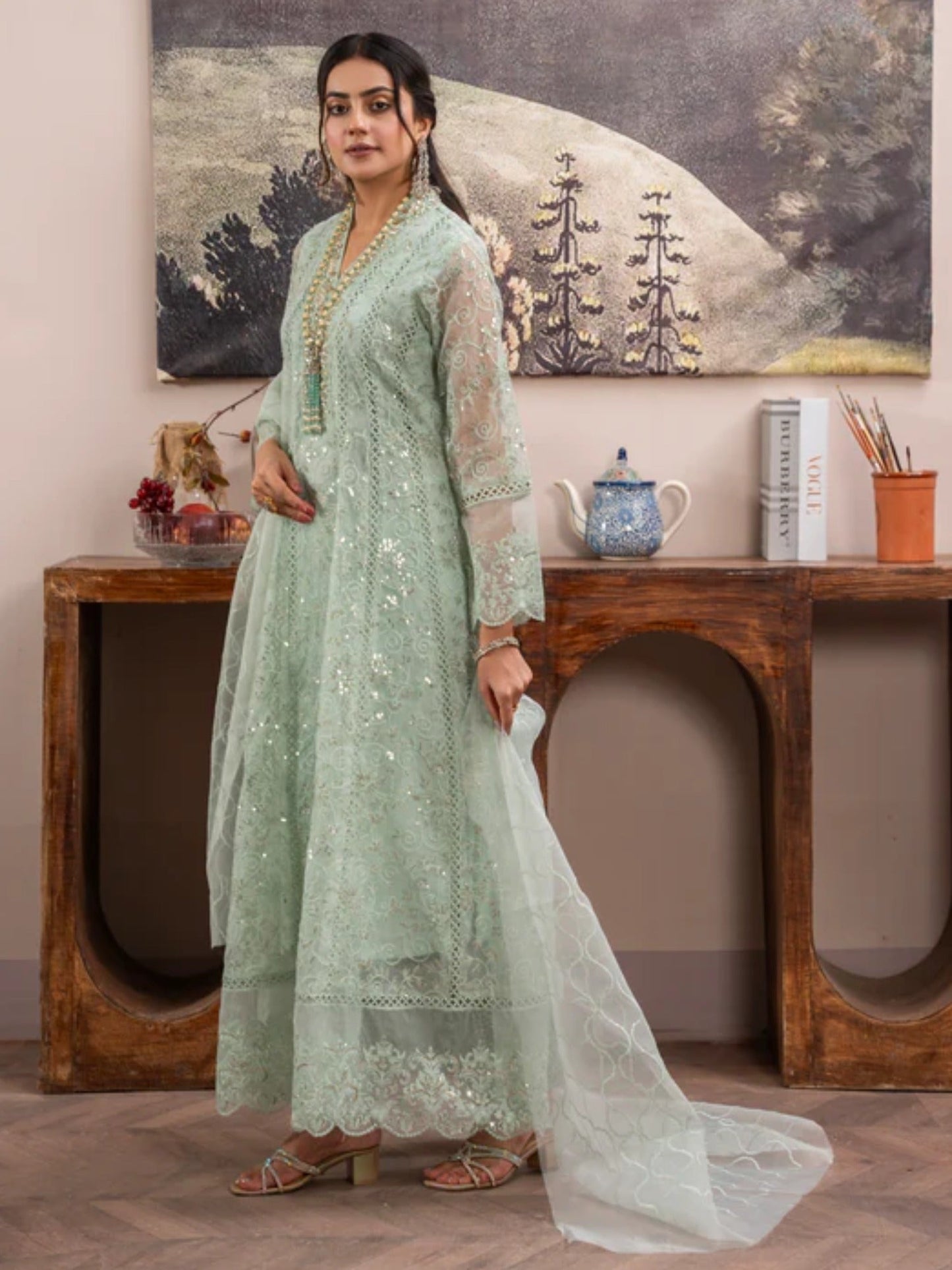 Green-Manahil Arts Organza Embellished Maxi-K-151-Mint Green