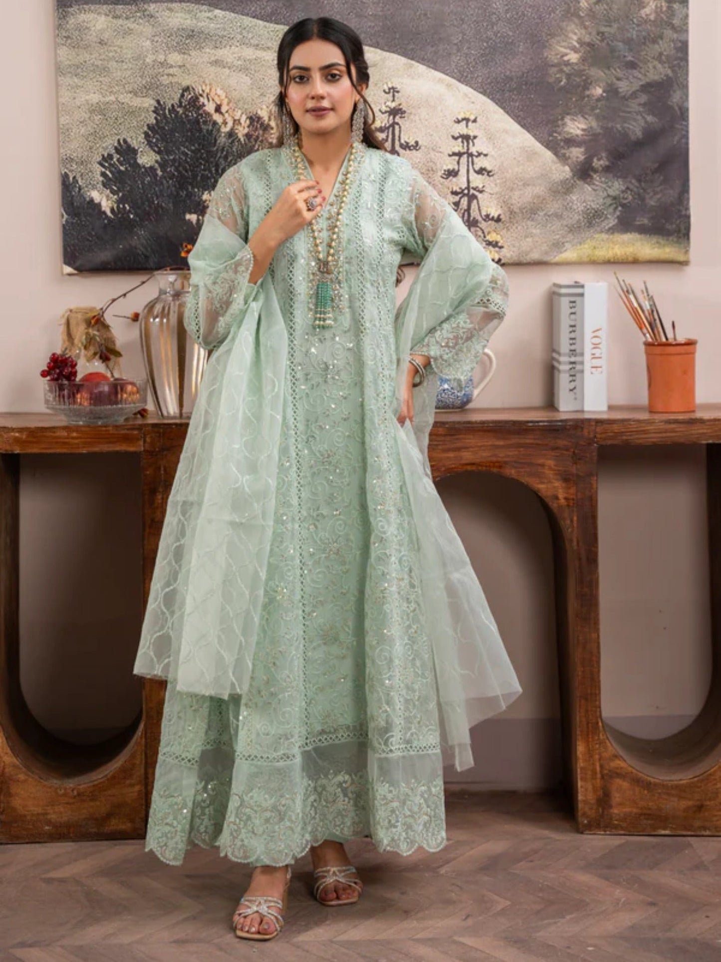 Green-Manahil Arts Organza Embellished Maxi-K-151-Mint Green