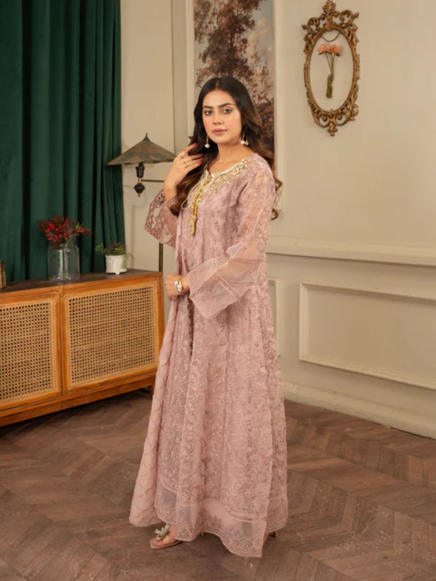 Lilac-Manahil Arts Organza Embellished Maxi-K-171-Lilac