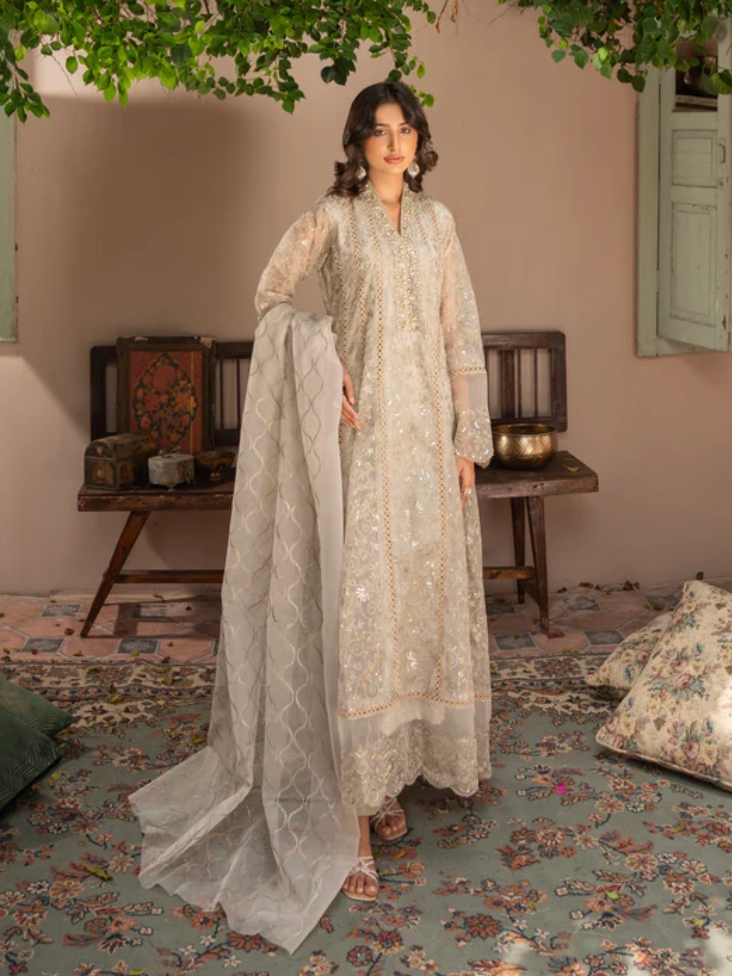 Brown Manahil Arts Organza Embellished Maxi-K-151-Tan Brown