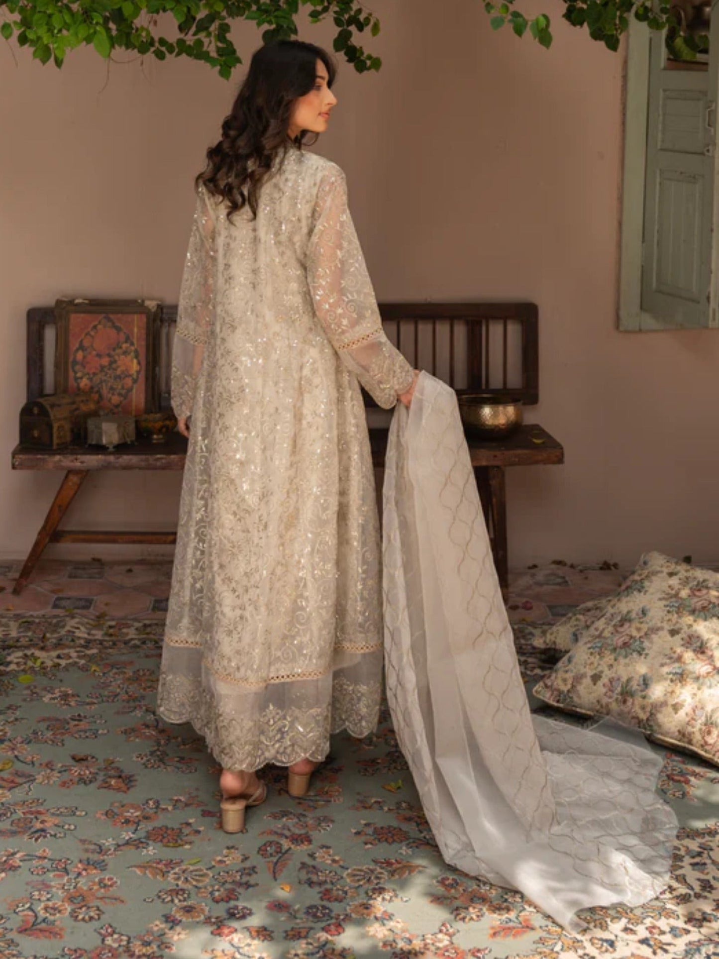 Brown Manahil Arts Organza Embellished Maxi-K-151-Tan Brown