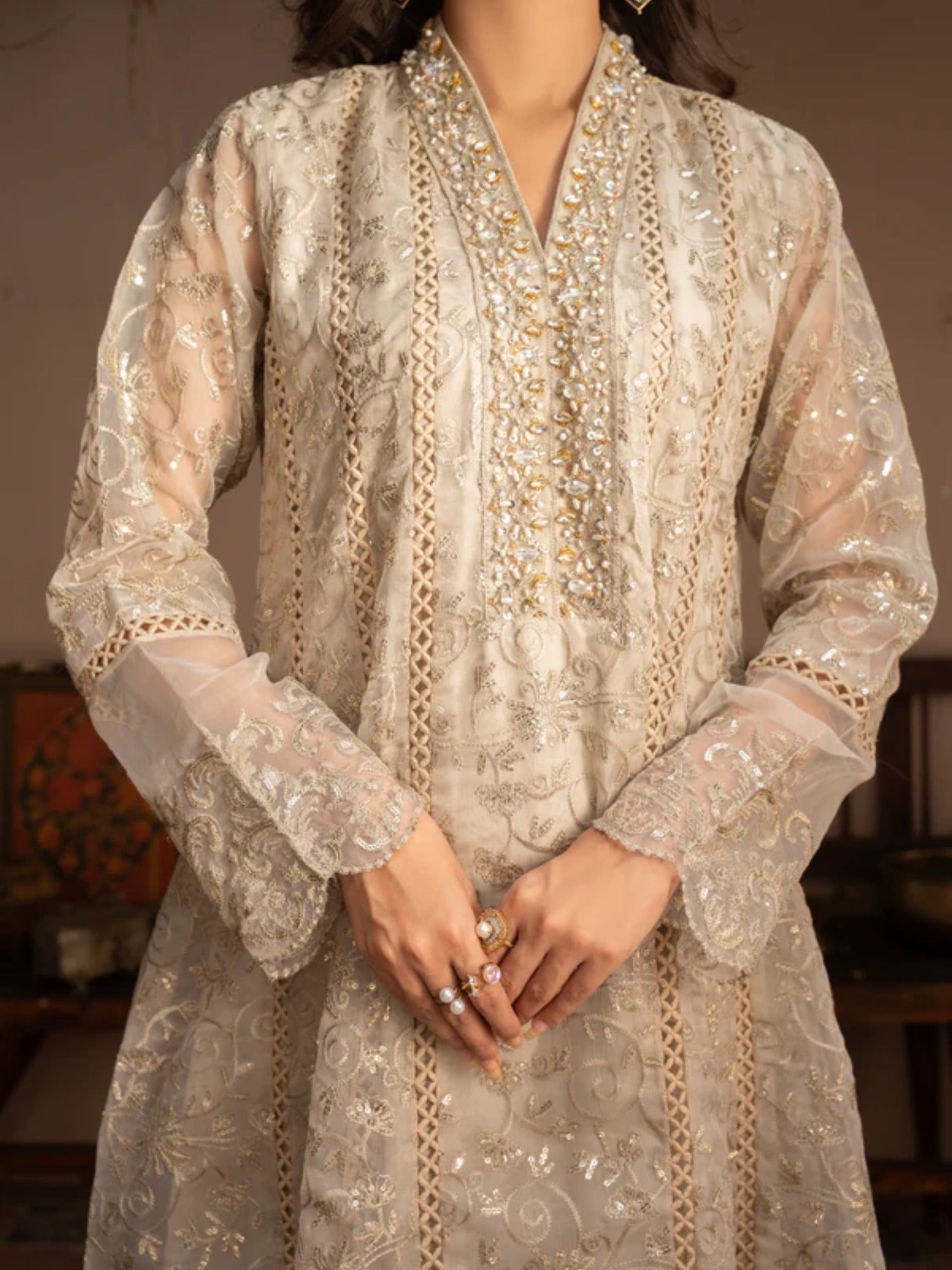 Brown Manahil Arts Organza Embellished Maxi-K-151-Tan Brown