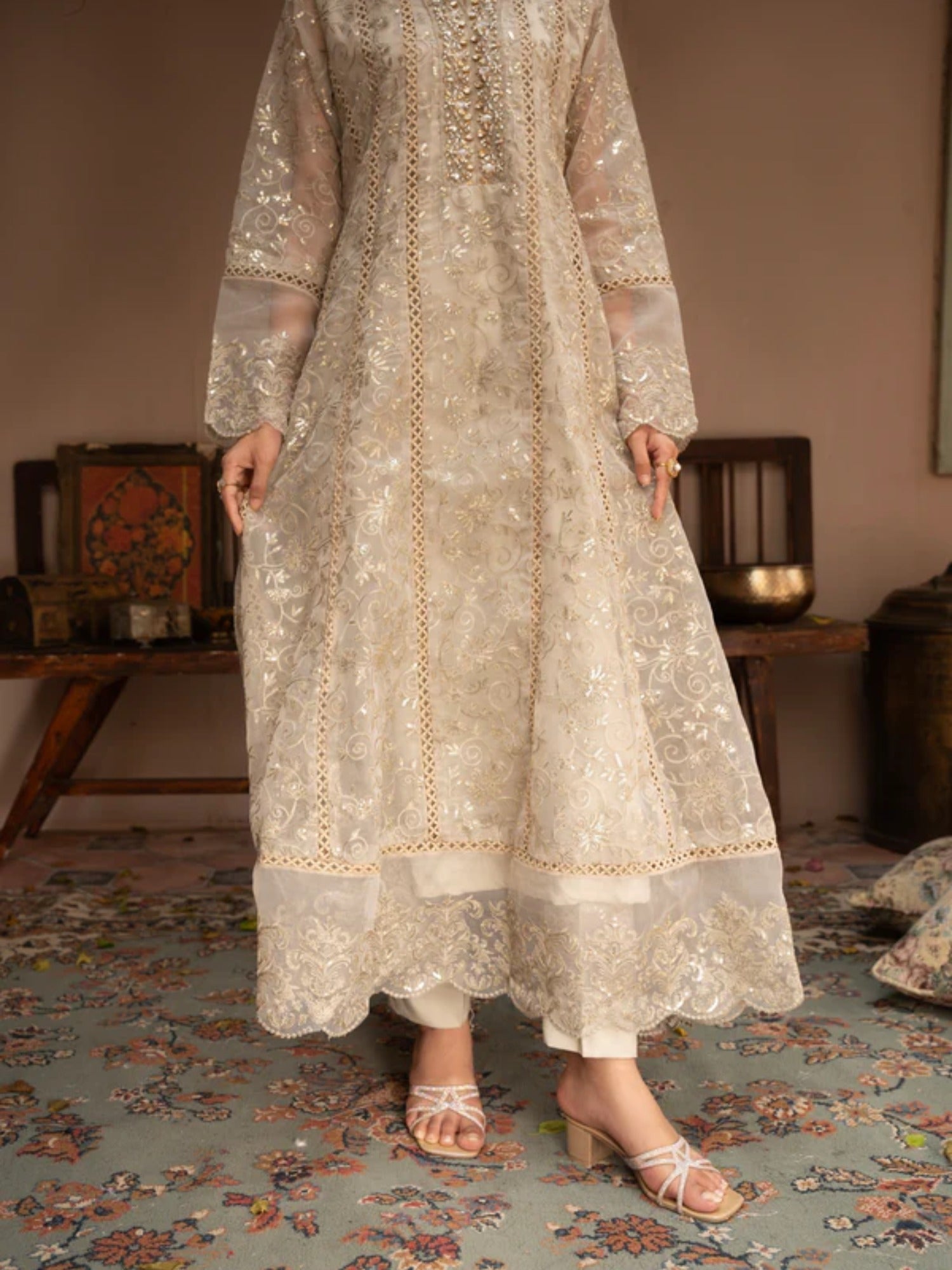 Brown Manahil Arts Organza Embellished Maxi-K-151-Tan Brown