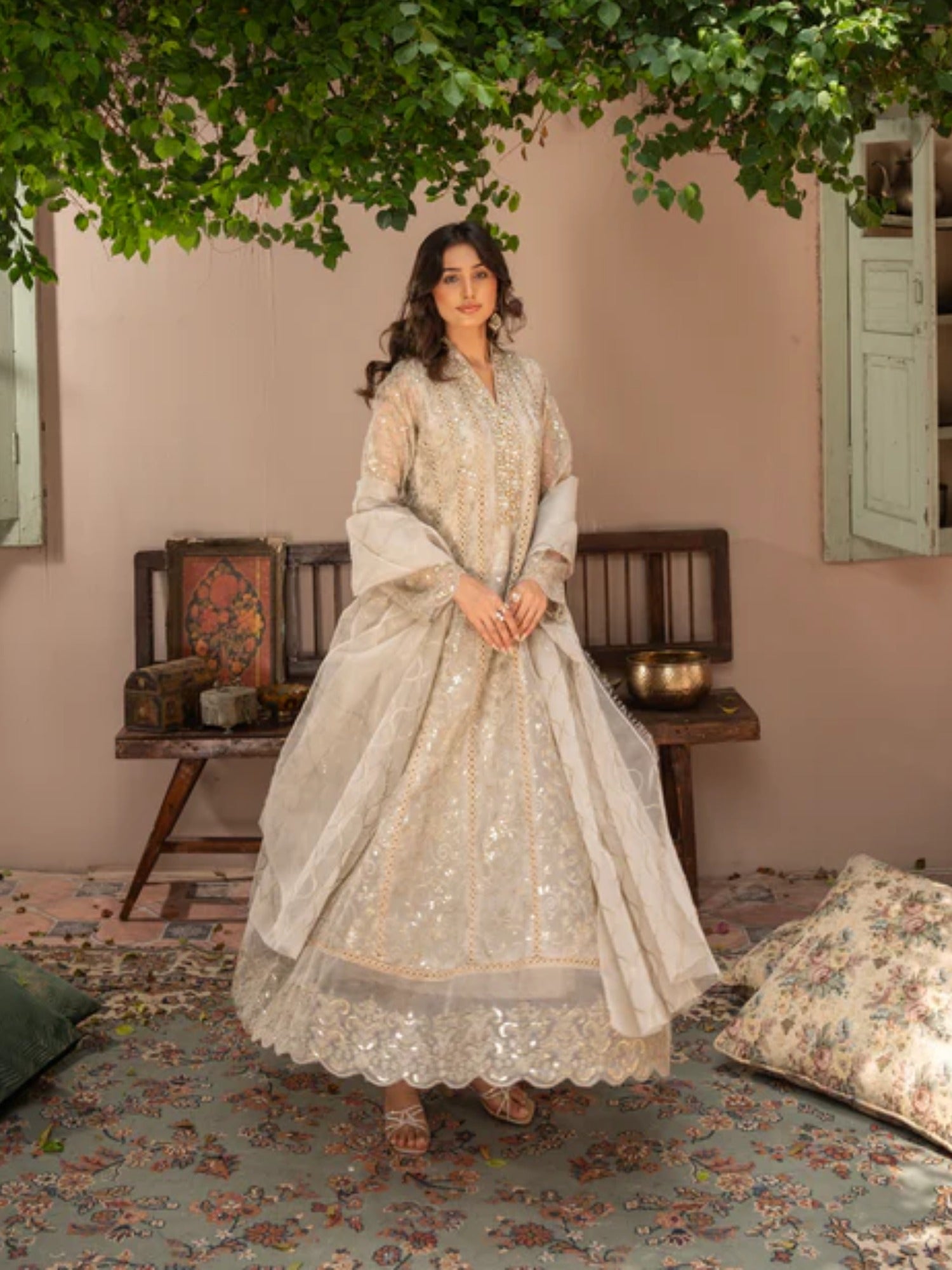 Brown Manahil Arts Organza Embellished Maxi-K-151-Tan Brown